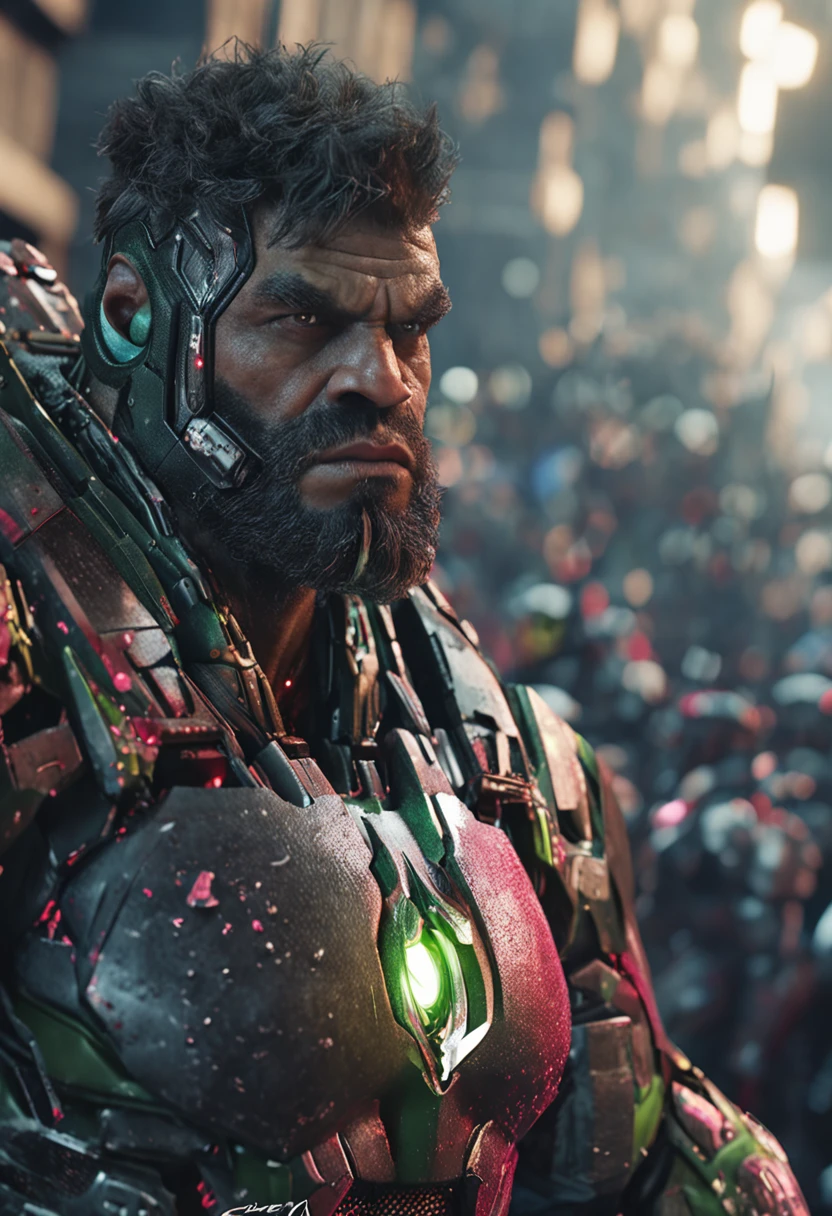 As the Hulk，The visual detail of 8K is grasped to the extreme，HD delicate，Facial expressions are well depicted，The eye details are realistic and godly，The suit details are meticulous，A fusion of Marvel and DC's unique style，Ultra-realistic visuals，Cinematic dynamic composition，Incredible detail，The picture is sharp and clear，The details are exquisitely detailed，The night light creates perfectionism，Award-winning realism style，Moody light effect。