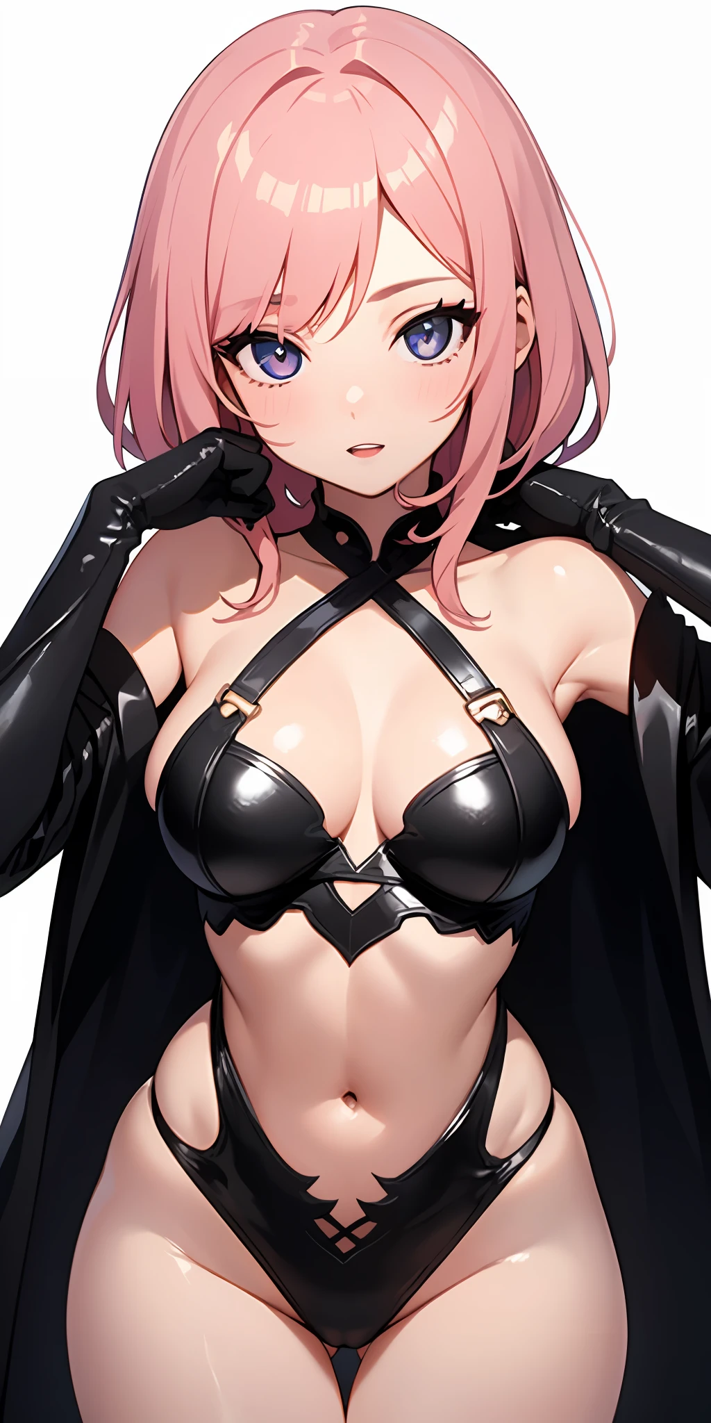 1girl, anime, cute girl, rogue, blank background, white background, fantasy, very detailed dark leather fantasy outfit with highlights, beautiful face, beautiful eyes, dark colors, assassin, medium breasts, slight cleavage, beautiful skin, cute, pink hair, breast curtains, extremely delicate and beautiful, (beautiful detailed face:1.0), (detailed deep eyes), symmetrical breasts, deep eyes, steam, shiny skin, portrait, slender waist, hips wider than shoulders, thighs