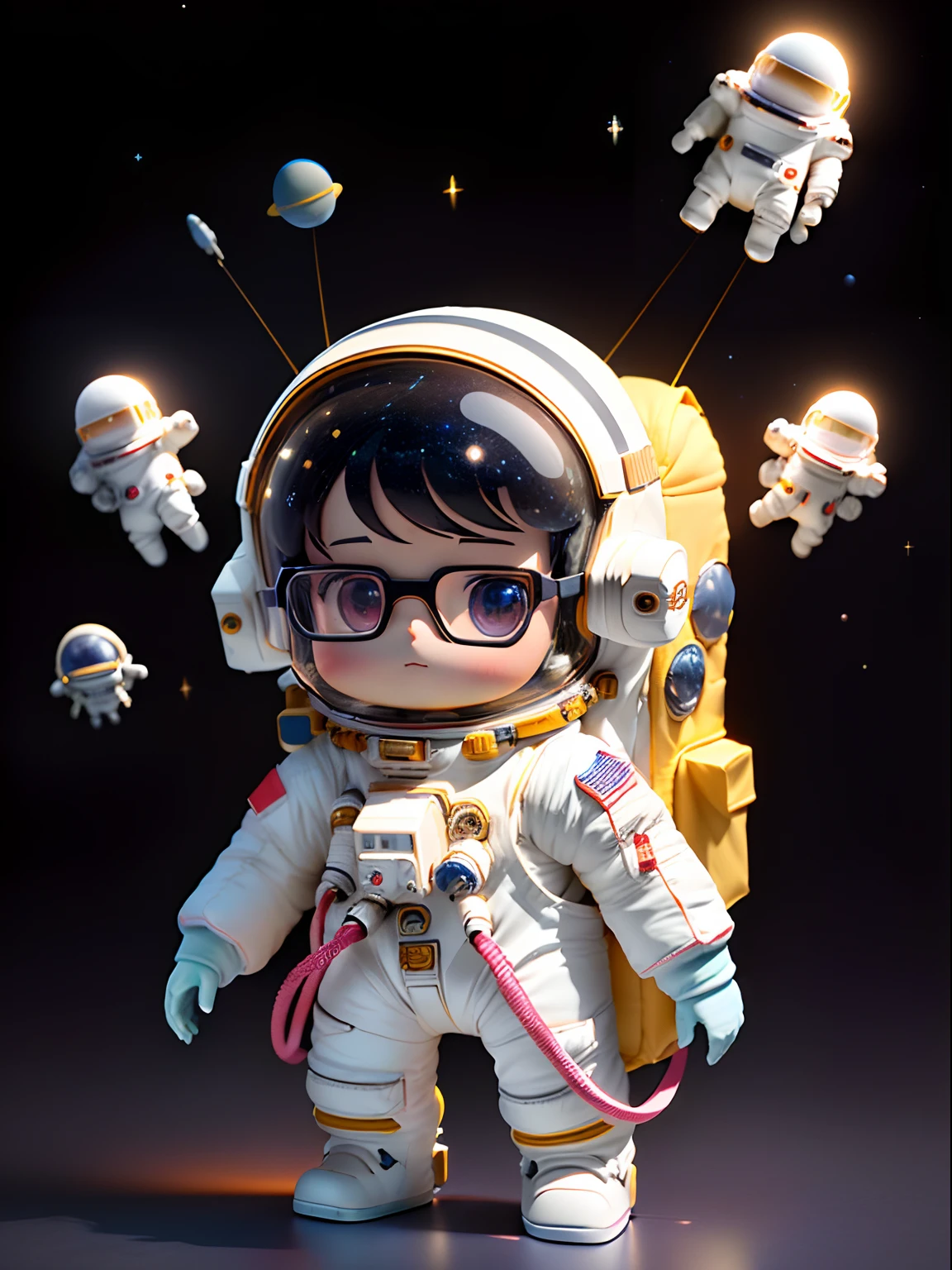 Super cute little boy full body 3D drawing,1pc,good eyes looking,largeeyes,Wear square-rimmed glasses,Black color hair,adolable,having fun,C4D,Pop Matt Blind Box,Long white hair,Glowing bubbles,toys,solid color backdrop,tchibi,Fluorescent transmission,luminous body, kawaii,dolls,(((The astronaut,space suit))),reference sheet,Pop Mart blind box,by Pixar,complexdetails,3Drenderingof,blender,OC renderer,FOL body reference sheet,High details,8K,Studio lighting,child,tchibi , SD character:1.1,Magic space silo background