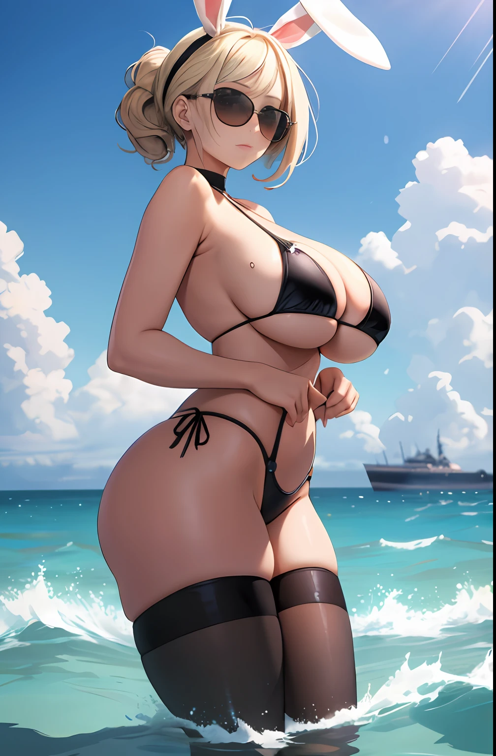 Masterpiece, Best quality, High_Resolution, Fine details, very detailed and beautiful, distinct_image, 1 girl, Solo, Beige hair, Red eyes, Has rabbit ears, (Huge breasts), (gigantic hip),(from bottom),Curvy(crystal),(sunglasses),steams,Tiny micro bikini,(thigh high),((Sea))