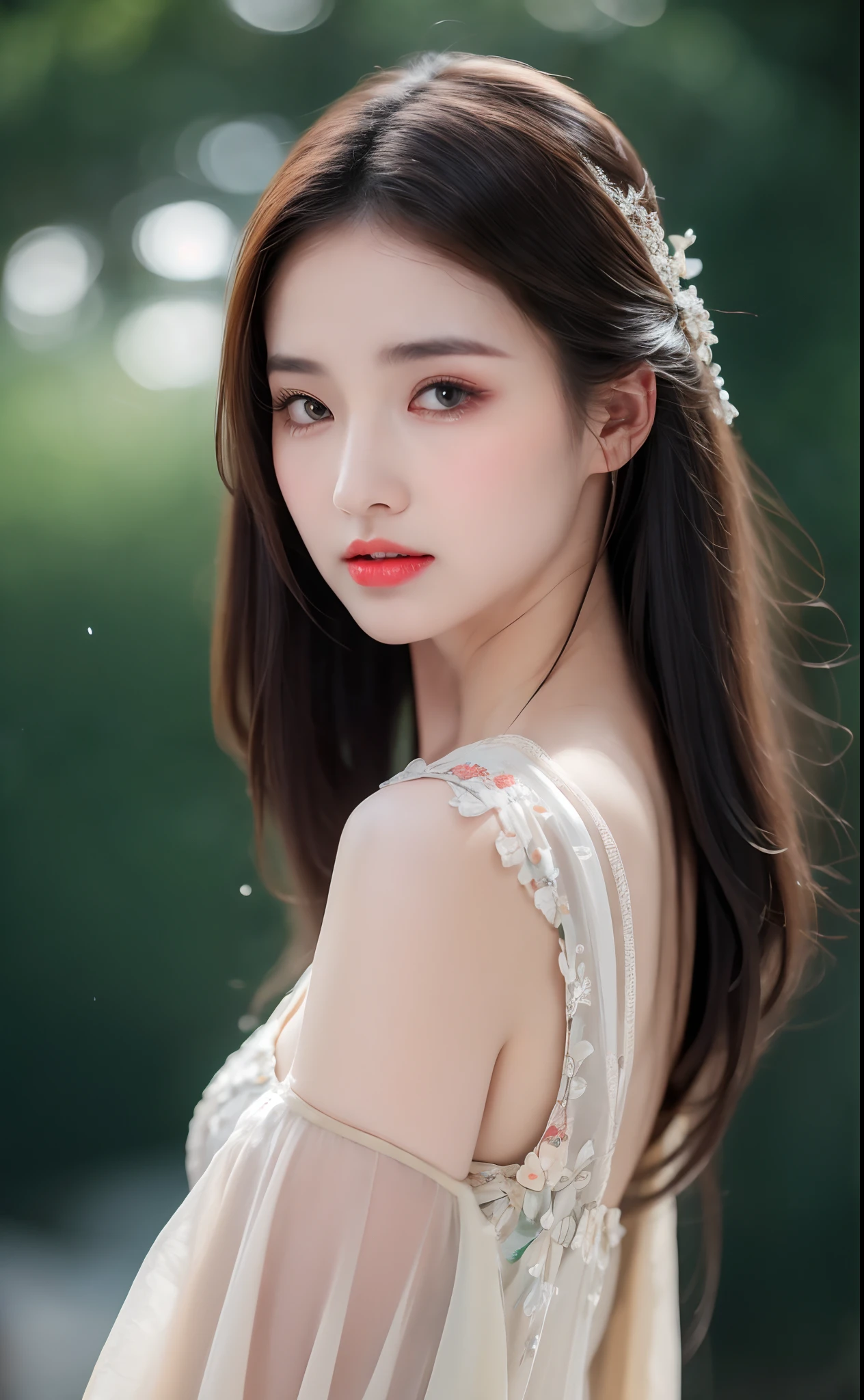 ((Best Quality, 8k, Masterpiece: 1.3)), Focus: 1.2, Perfect Body Beauty: 1.4, Buttocks: 1.2, ((Layered Haircut)), (Wet Clothes: 1.1), (Rain, Street:1.3), (Breasts: 1.2), (Hanfu: 1.2), Bare Shoulders, Bare Legs, Highly Detailed Face and Skin Texture, Fine Eyes, Double Eyelids, Whitened Skin, Long Hair, (Shut Up: 1.5), (Bokeh Background: 1.5), Big Breasts