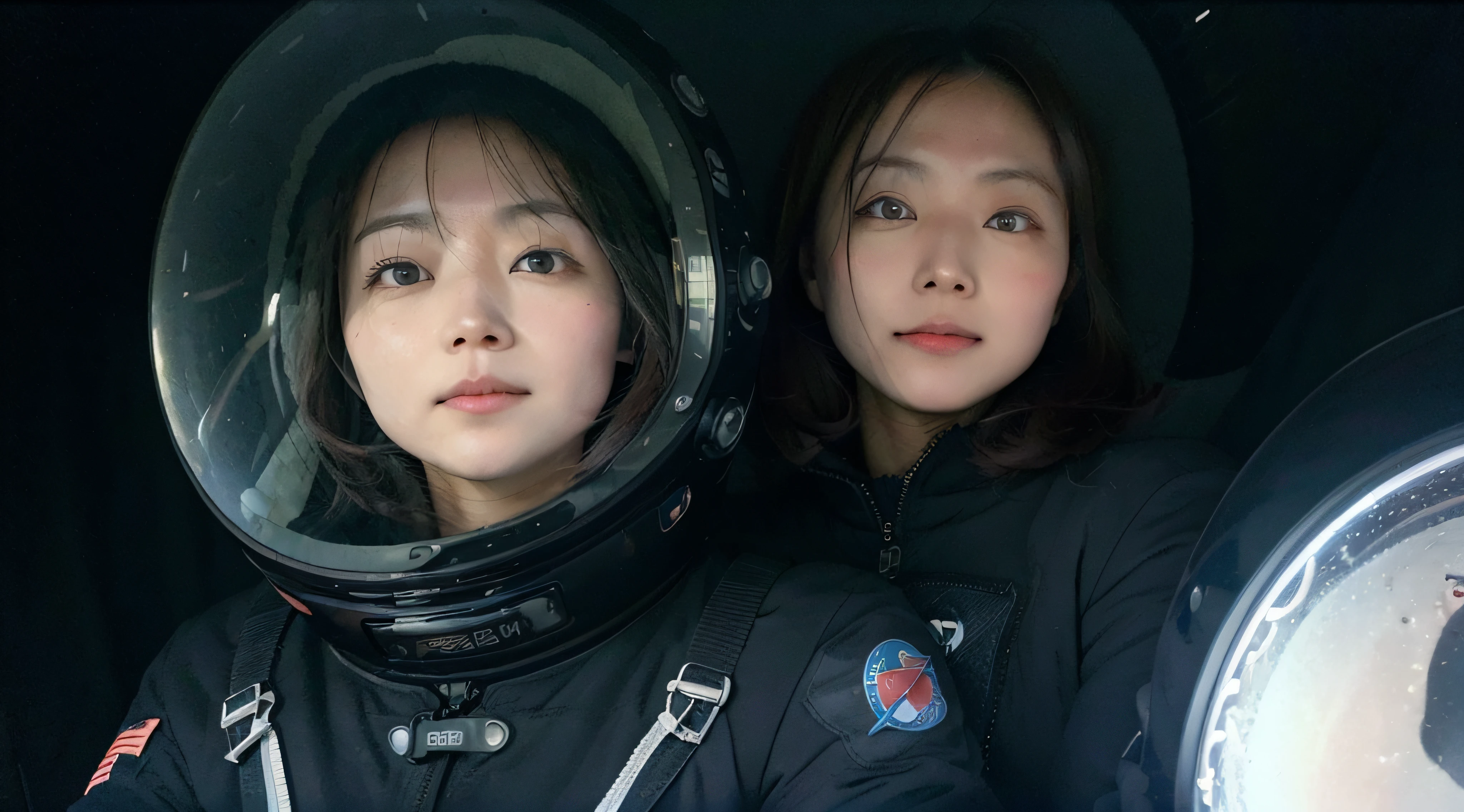 (((Super Detail))), Best Quality,One Japan Woman、Spacewalk in spacesuit、The body floats in zero gravity、A black hole is reflected in a helmet、A dark-haired、longeyelashes, Solid Circle Eyes, lightsmile, surrealism, drop shadow, anaglyph, The best wide image in 8K