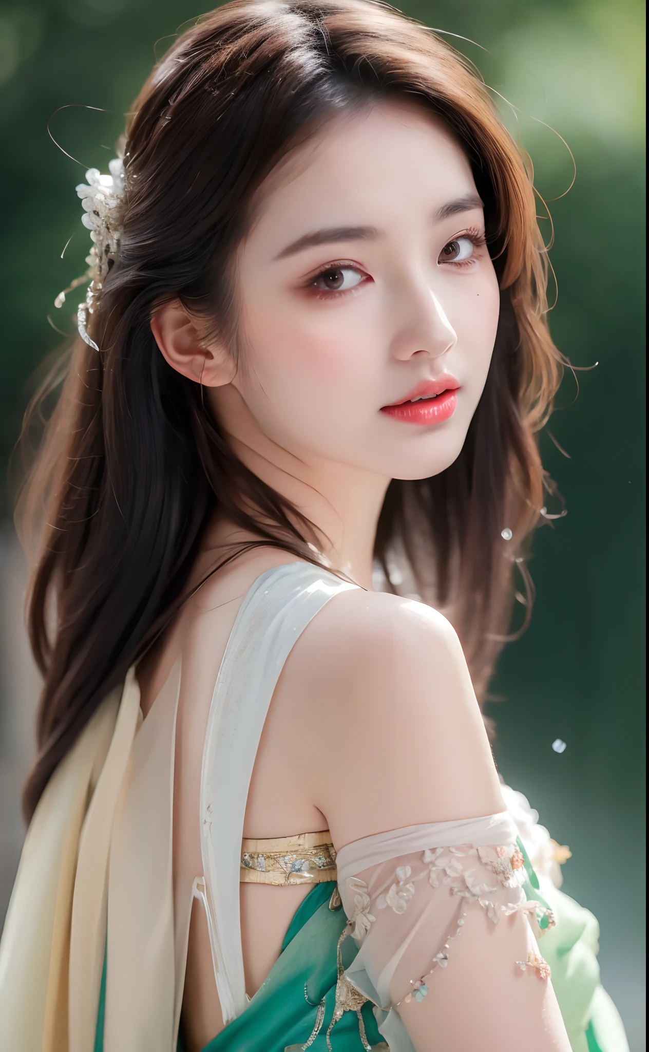 ((Best Quality, 8k, Masterpiece: 1.3)), Focus: 1.2, Perfect Body Beauty: 1.4, Buttocks: 1.2, ((Layered Haircut)), (Wet Clothes: 1.1), (Rain, Street:1.3), (Breasts: 1.2), (Hanfu: 1.2), Bare Shoulders, Bare Legs, Highly Detailed Face and Skin Texture, Fine Eyes, Double Eyelids, Whitened Skin, Long Hair, (Shut Up: 1.5), (Bokeh Background: 1.5), Big Breasts