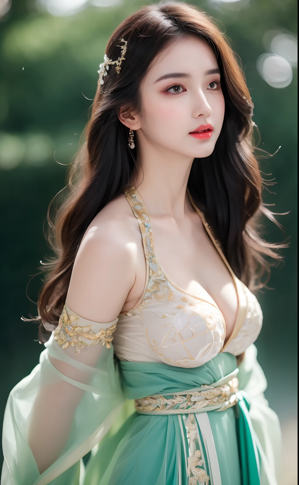 ((Best Quality, 8k, Masterpiece: 1.3)), Focus: 1.2, Perfect Body Beauty: 1.4, Buttocks: 1.2, ((Layered Haircut)), (Wet Clothes: 1.1), (Rain, Street:1.3), (Breasts: 1.2), (Hanfu: 1.2), Bare Shoulders, Bare Legs, Highly Detailed Face and Skin Texture, Fine Eyes, Double Eyelids, Whitened Skin, Long Hair, (Shut Up: 1.5), (Bokeh Background: 1.5), Big Breasts