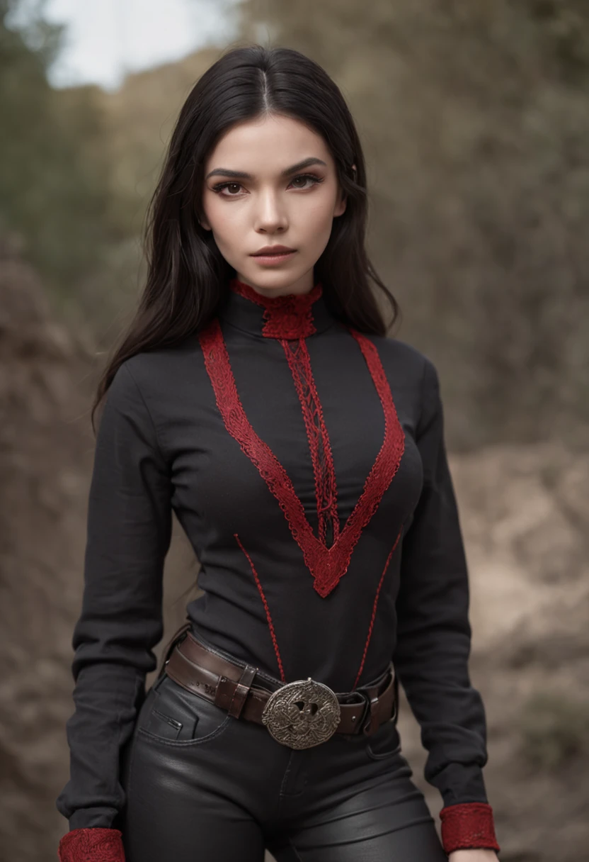 emilisia gomezi, tall, gorgeous, spanish descent, age 23, smooth skin, black hair. red color turtle neck, black fitting pants, simple silver cross necklace, working at the underground base, highly detailed, well lit, 8k, reviewing artifacts, holding a long whip. amazing detail,