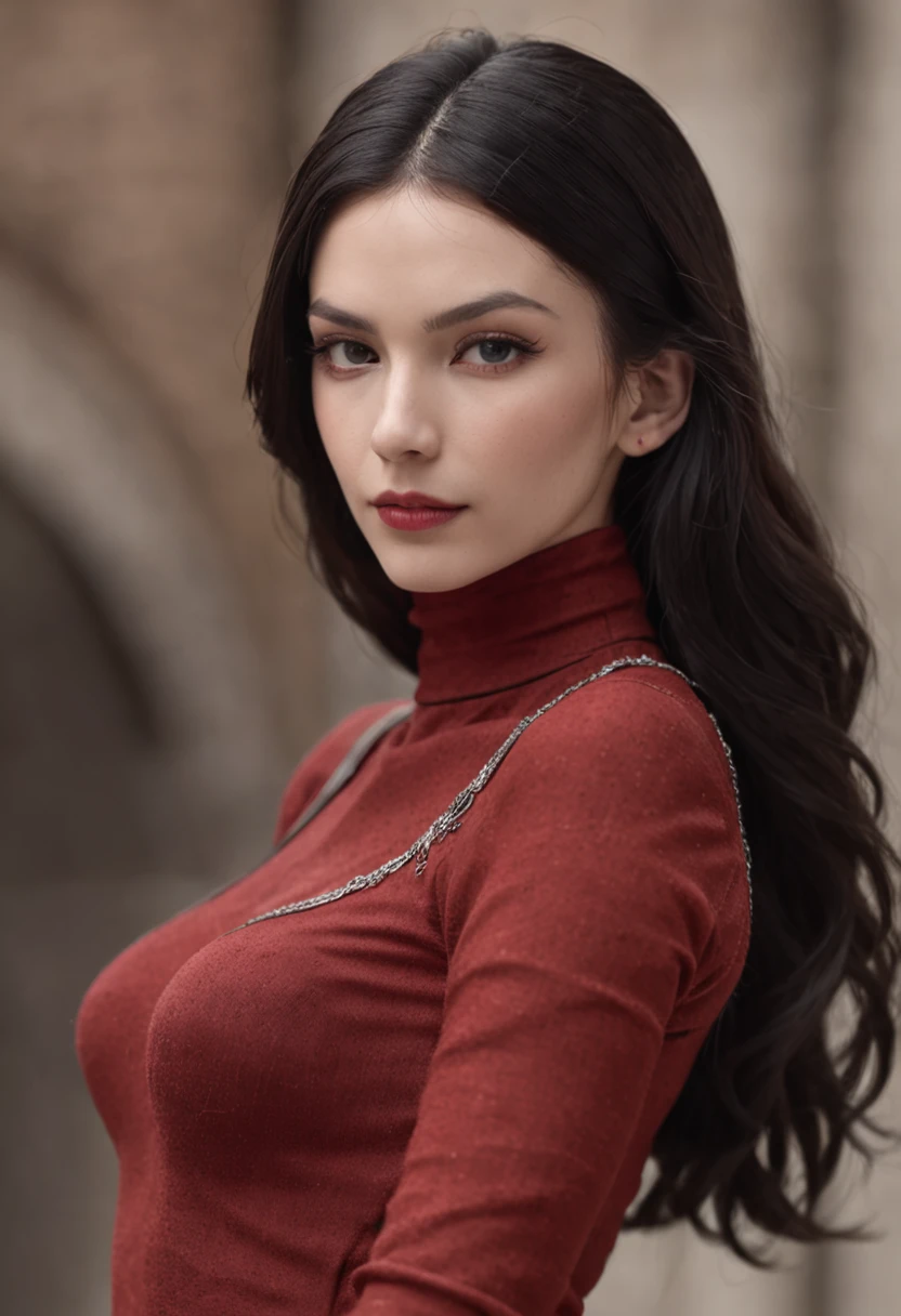 emilisia gomezi, tall, gorgeous, spanish descent, age 23, smooth skin, black hair. red color turtle neck, black fitting pants, simple silver cross necklace, working at the underground base, highly detailed, well lit, 8k, reviewing artifacts, holding a long whip. amazing detail,