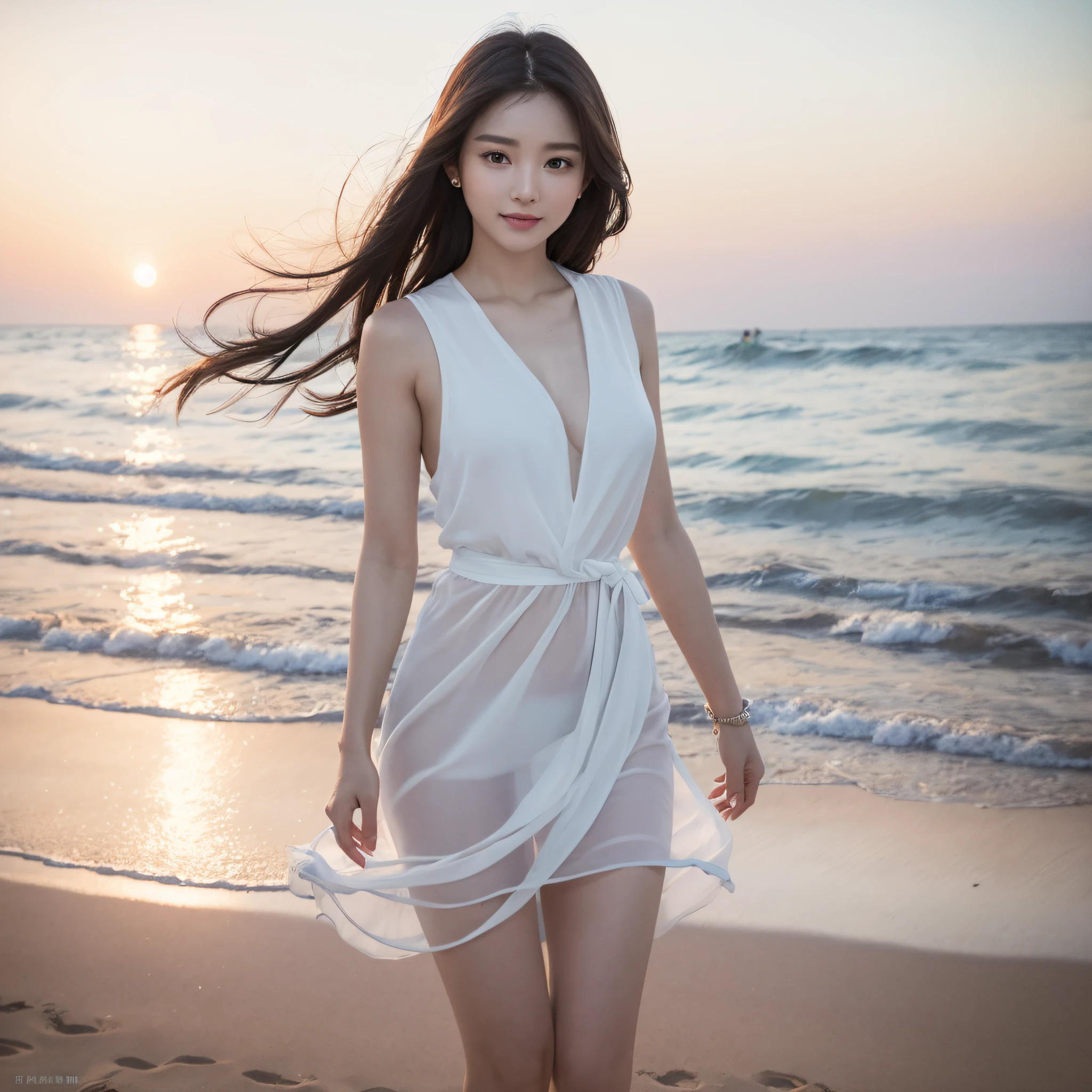 One lady、((best qualtiy、8k masterpieces:1.3))、foco nítido:1.2、(ultra beautiful faces:1.0)、(shinny skin:1.0)、photos realistic、A dark-haired、Video Lighting、High-definition eyes and face、Video Lighting、(Korean Cute Actress)、from the front side、medium breasts、ssmile、Sleeveless、Slender Abs Beauty、Whole body、Wearing a white blouse、On the beach at night