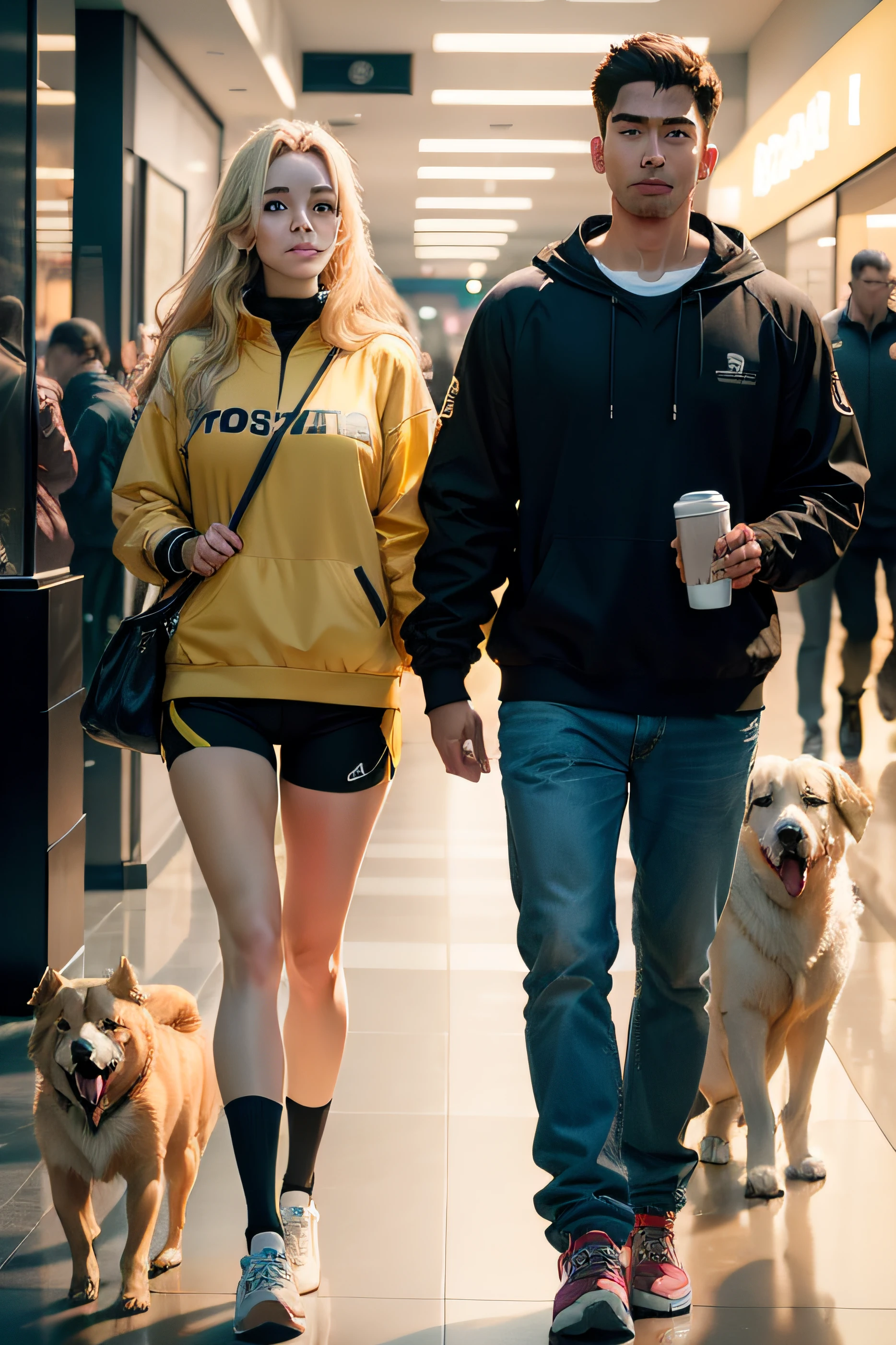 **make a golden retriever dog, this dog has a golden coat, purebred with pedigree. wears a collar with jewel and is female. she is walking in a mall with a young couple and dog lovers, this couple are dressed in sports clothes, as if coming out of a gym. In his hand he has a thermos of water. the Dog is walking beside the girl. make into an ultra realistic photo, 8K fullhd quality** - Variations by