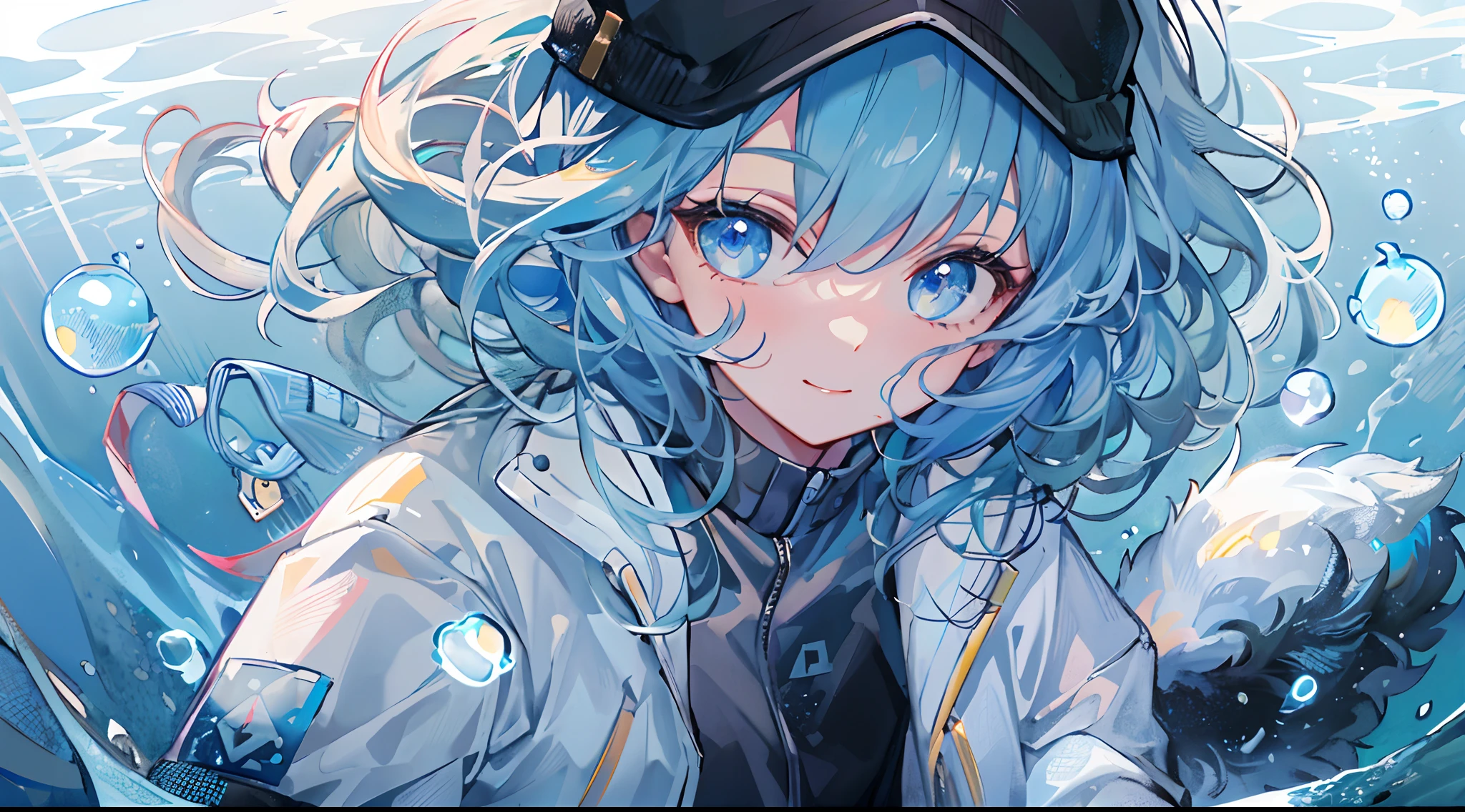 ((top-quality)), ((masterpiece)), ((ultra-detailliert)), (extremely delicate and beautiful), girl with, 独奏, cold attitude,((Black jacket)),She is very(relax)with the(Settled down)Looks,A dark-haired, depth of fields,evil smile,Bubble, under the water, Air bubble,bright light blue eyes,Inner color with light blue hair and dark blue tips,Cold background,Bob Hair - Linear Art, shortpants、knee high socks、White uniform like school uniform、Light blue ribbon ties、Clothes are sheer、Hands in pockets