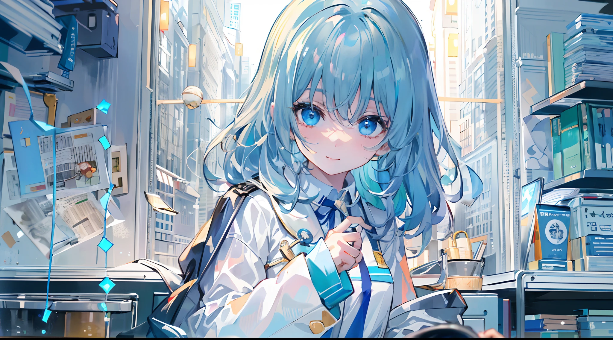 ((top-quality)), ((masterpiece)), ((ultra-detailliert)), (extremely delicate and beautiful), girl with, 独奏, cold attitude,((Black jacket)),She is very(relax)with the(Settled down)Looks,A dark-haired, depth of fields,evil smile,Bubble, under the water, Air bubble,bright light blue eyes,Inner color with light blue hair and dark blue tips,Cold background,Bob Hair - Linear Art, shortpants、knee high socks、White uniform like school uniform、Light blue ribbon ties、Clothes are sheer、Hands in pockets