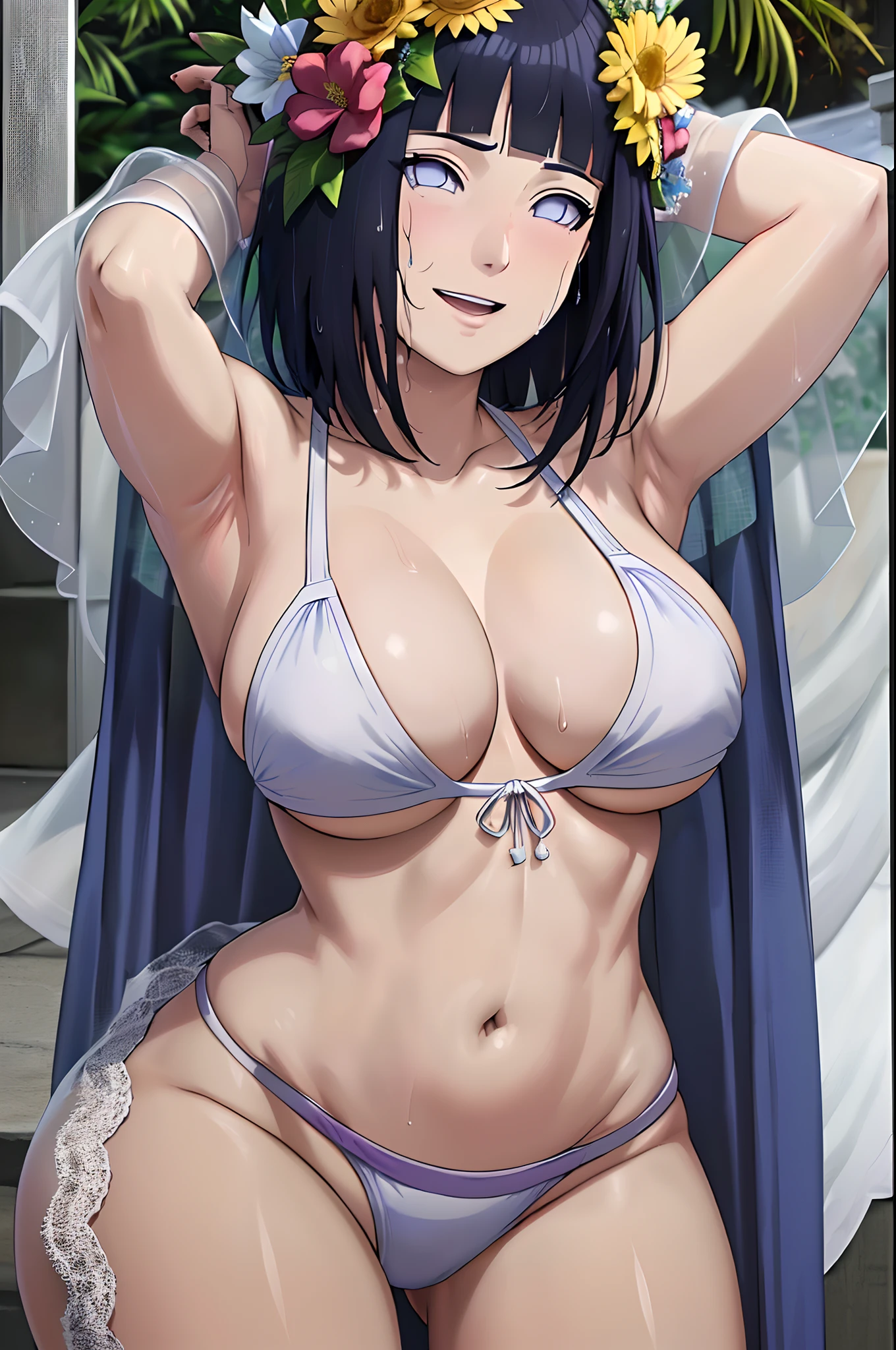(WALLPAPER, masterpiece, 4k, anime style:1.9, front shot, ( detailed wedding ceremony background, cowboy shot, looking at viewer, big breasts, big boobs, open mouth, high color saturation, bold lines, bold drawing lines, (strong arms, palm, flat belly, groin, sweaty body, sweaty face, drenched in sweat, sweaty hair), detailed bold arm lines), (strong arms, waving goodbye, thick arms, arms down), strong light on body, plain, bare body, (large breasts, perky boobs), minimum clothing, taking off shirt, bare shoulders, off-shoulders, bare chest, polished nails, seductive, (very tight plain white transparent micro bikini, transparent bikini top only, wedding veil, white flower wedding crown), no shirt, showing off), hinata\(boruto\), mature female, sunbathing, milf, (curvy:0.8), solo, (short hair, hime cut), (dark blue hair color:1.1), white, flat belly, perfect eyes, white sciera, white eyes, anime eyes, smoky eyeliner, eyeshadow, perfect face, shy, sharp focus, professional artwork, intricate details, colorful, vibrant colors, vivid colors, digital blending, ultra detailed body, ultra detail hair, ultra detail face, trending on pixiv, smile, happy, very hot colors, sunny day, outdoor,