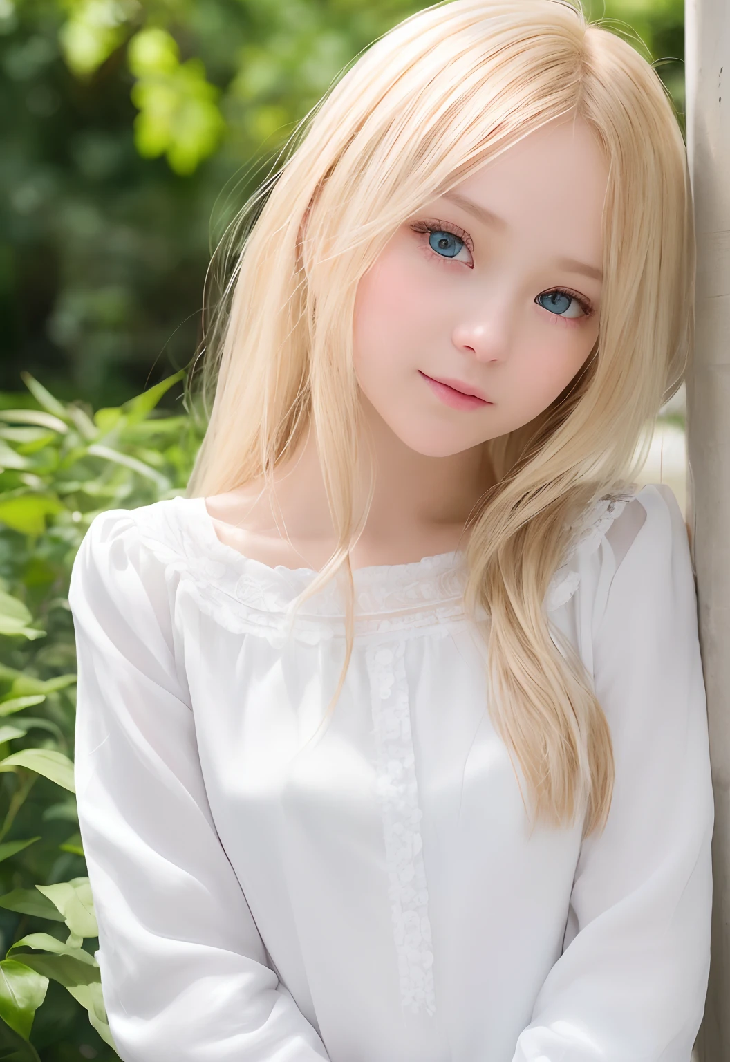 RAW Photography、(((Portrait of extreme beauty)))、((Glowing white skin))、1人、15 etty pretty beautiful girl、((Lustrous light natural blonde hair))、[blue eyess]、silky fine hair、stright long hair、eye liner、bangss、Hair between the eyes、Fluttering hair、a smile、((​masterpiece、top-quality、ultra-detailliert、Film Light、hight resolution、ighly detailed))、细致背景、8k uhd、Digital SLR、Soft Light、hightquality、Shallow depth of field、natural soft light、（perfect hand）、Perfect beautiful face、maid clothes