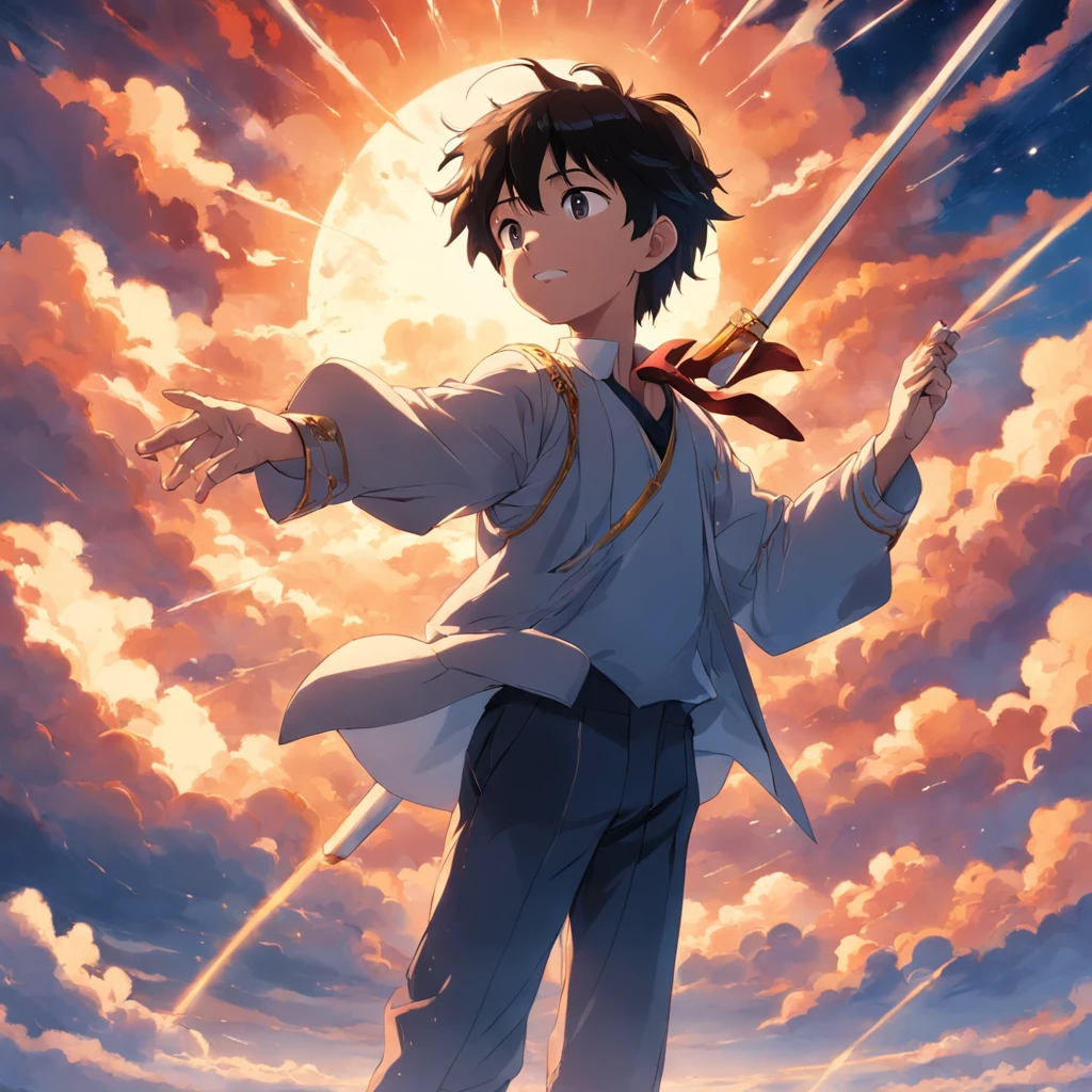 masterpiece, best quality, movie still, ((1boy)), cloud, floating in the sky, close-up, bright, happy, warm soft lighting, sunset, holding baton, conductor, (sparks:0.7)