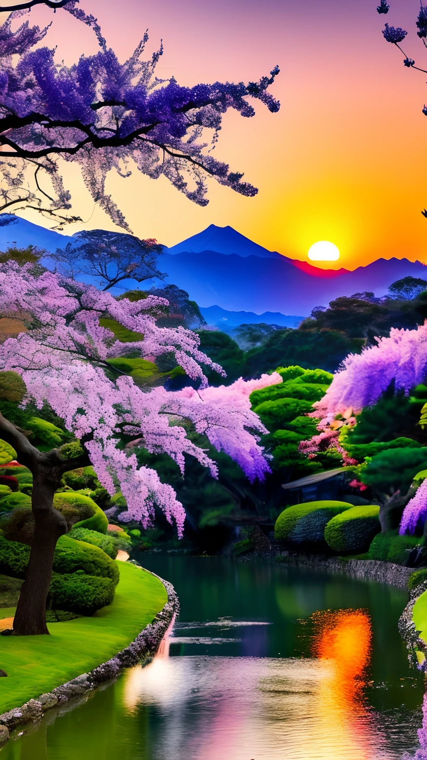 mdjrny-pprct, japanese architecture, Sakura, wisteria, Flower Garden, mountains and rivers, Clouds (high detial: 1.2)、the setting sun、Evening glow、morning glow