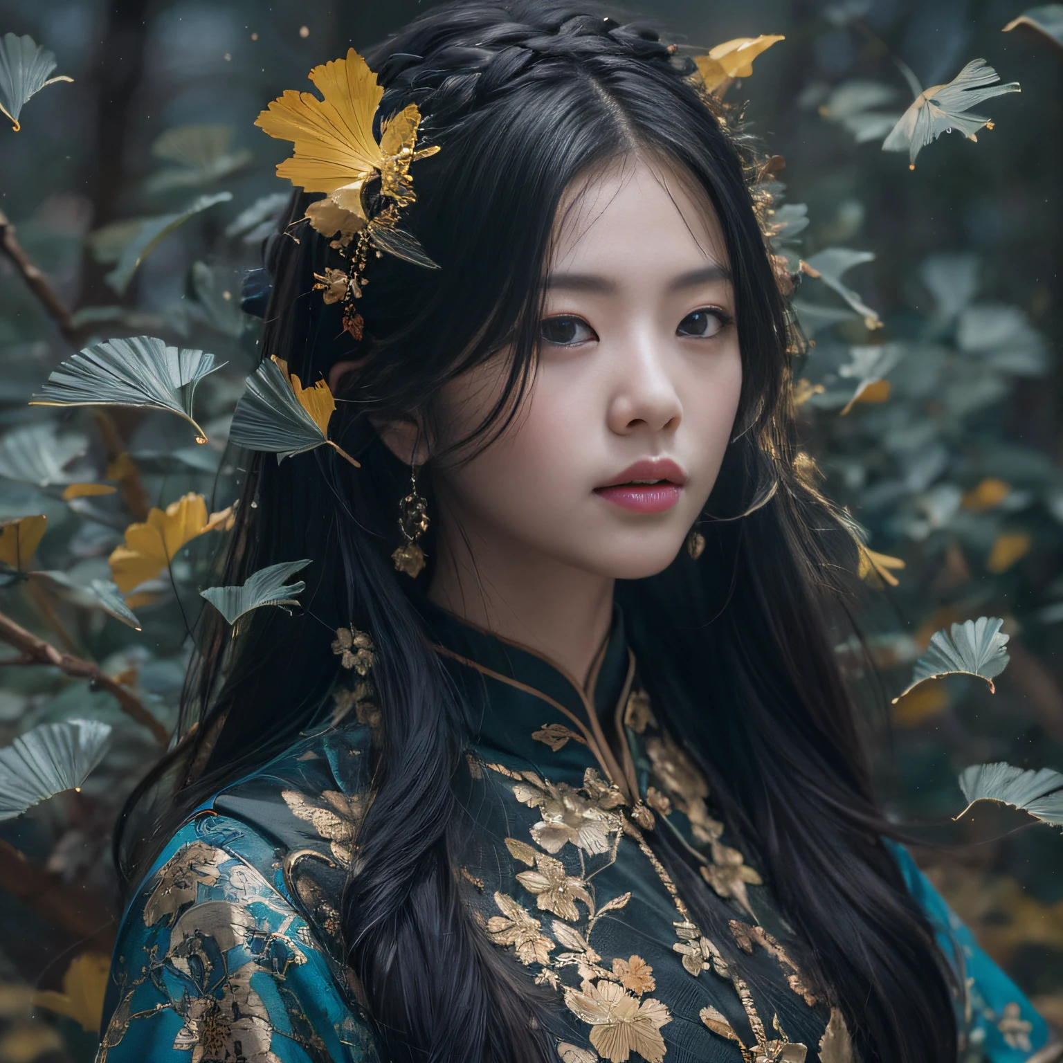 32K（tmasterpiece，k hd，hyper HD，32K）Long flowing black hair，ponds，zydink， a color，  Asian people （Silly girl）， （Silk scarf）， Combat posture， looking at the ground， long whitr hair， Floating hair， Carp pattern headdress， Chinese bright purple long-sleeved outfit， （abstract ink splash：1.2），Yellow ginkgo biloba background，Pink blueberry flowers flying（realisticlying：1.4），Black color hair，Fallen leaves flutter，The background is pure， A high resolution， the detail， RAW photogr， Sharp Re， Nikon D850 Film Stock Photo by Jefferies Lee 4 Kodak Portra 400 Camera F1.6 shots, Rich colors, ultra-realistic vivid textures, Dramatic lighting, Unreal Engine Art Station Trend, cinestir 800，Long flowing black hair