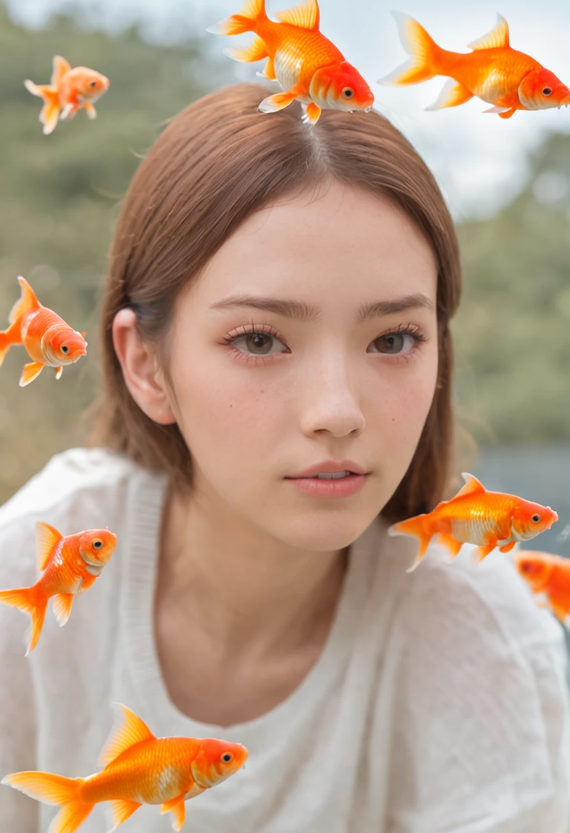 18 year old girl model in car full of goldfish, goldfish can fly, art by Rin Kawauchi, style in naturalistic pose, vacation dad, youth energy cool and depressed, body stretching, goldfish in the sky, simulation movie, super detail, fantastic Loepfe photography, colorful, realistic, 3D
