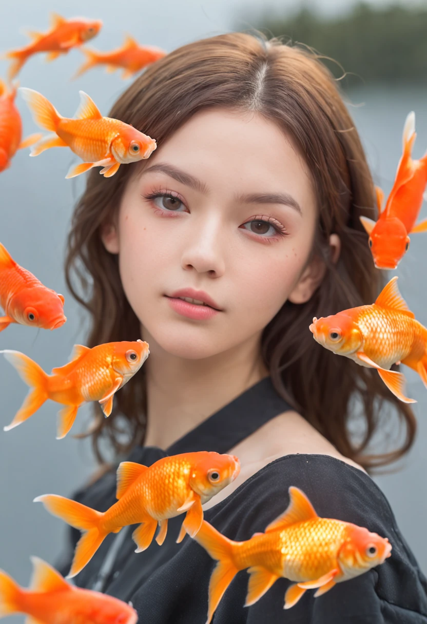 18 year old girl model in car full of goldfish, goldfish can fly, art by Rin Kawauchi, style in naturalistic pose, vacation dad, youth energy cool and depressed, body stretching, goldfish in the sky, simulation movie, super detail, fantastic Loepfe photography, colorful, realistic, 3D
