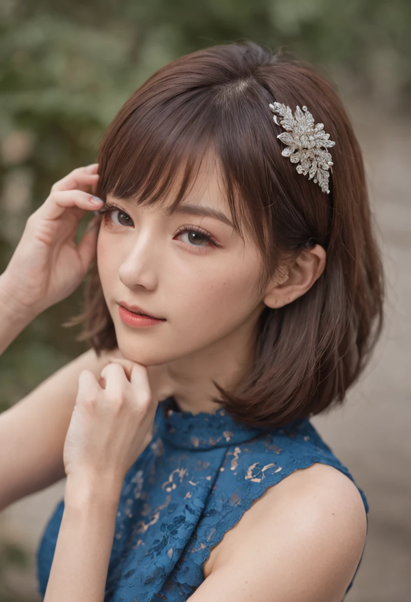 Arab asian woman with short brown hair and blue dress, With short hair, 奈良美智, chiho, sakimichan, sakimichan, kiko mizuhara, Ayaka, Chiho Aoshima, girl cute-fine-face, with short hair with bangs, sayori, Choi Hong Hwa