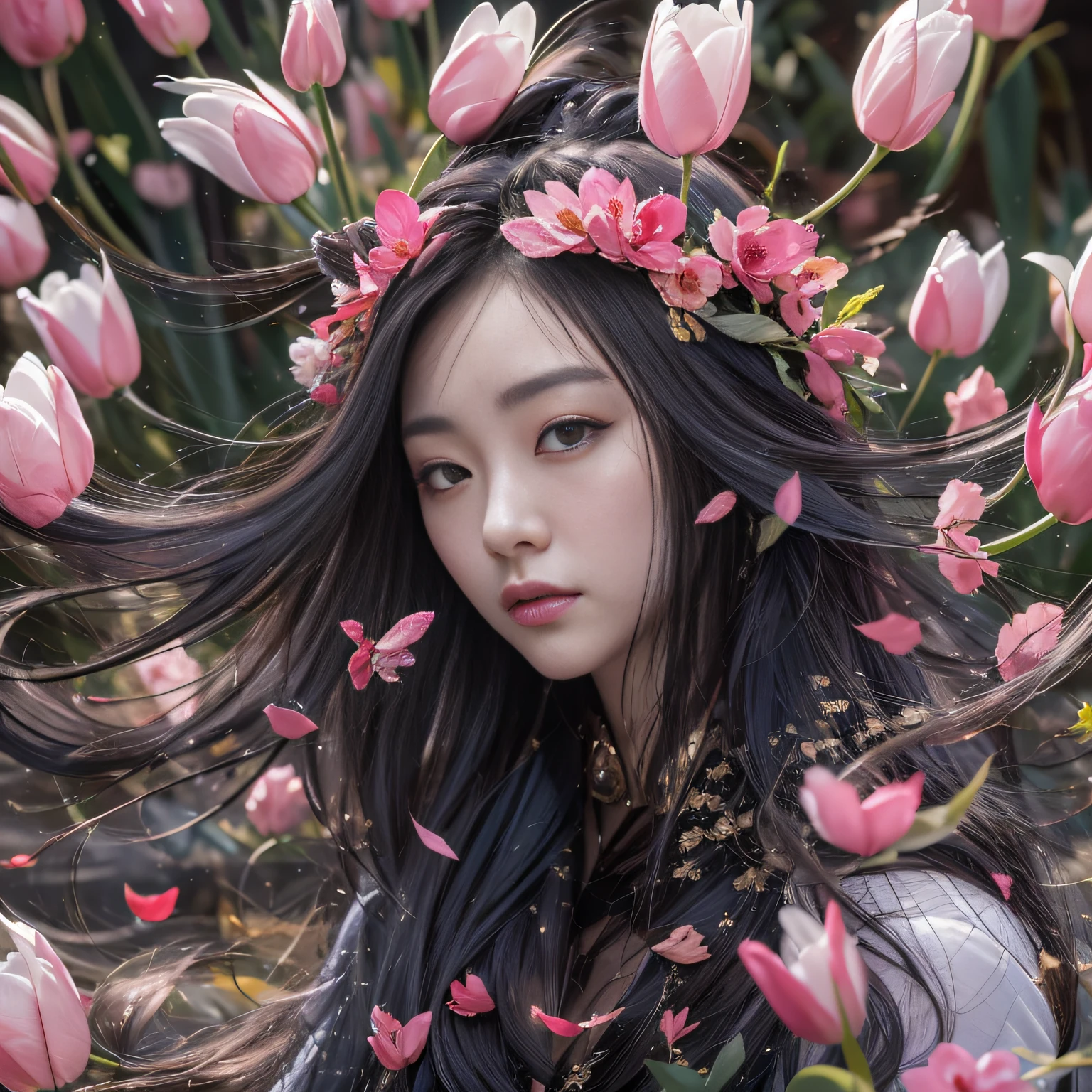 32K(tmasterpiece,k hd,hyper HD,32K)Long flowing black hair,ponds,zydink, a color, Asian people (Silly girl), (Silk scarf), Combat posture, looking at the ground, long whitr hair, Floating hair, Carp pattern headdress, Chinese long-sleeved clothing, (abstract ink splash:1.2), Pink petal background,Tulips flying(realisticlying:1.4),Black color hair,Fallen leaves flutter,The background is pure, A high resolution, the detail, RAW photogr, Sharp Re, Nikon D850 Film Stock Photo by Jefferies Lee 4 Kodak Portra 400 Camera F1.6 shots, Rich colors, ultra-realistic vivid textures, Dramatic lighting, Unreal Engine Art Station Trend, cinestir 800,Long flowing black hair