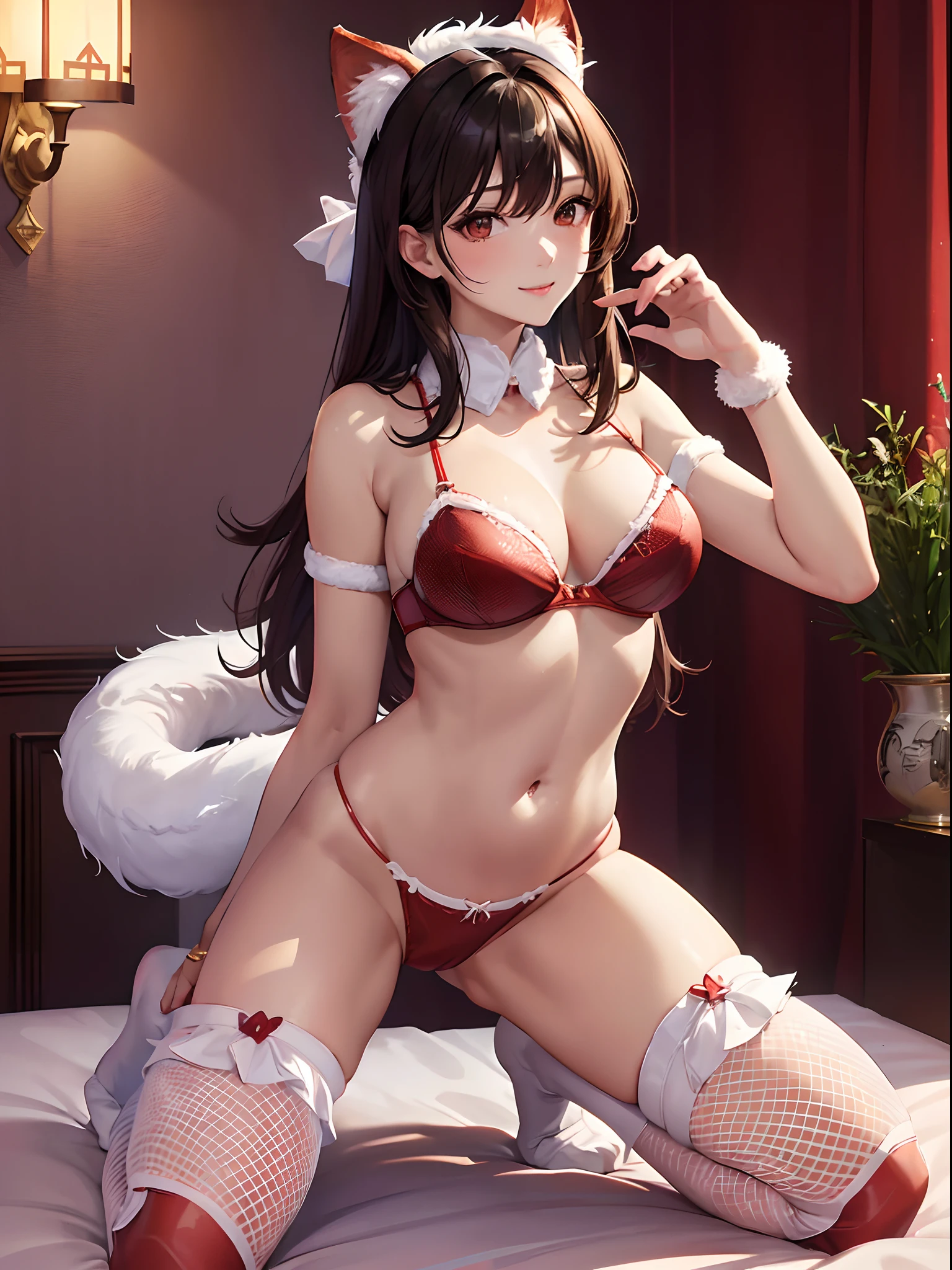 (top-quality: 1.3), (masterpiece: 1.3), (The ultra-detailliert: 1.3), (wall-paper, one girls: 1.1)、(Detailed hands and fingers:1.2)、(Detailed ultra-oily shiny skin:1.1)、oily shiny thighhigh、(Usami Band:1.1)、(Red bra with white fur:1.4)、(Red panties with white fur:1.4)、(Red fishnet stockings with large mesh:1.3)、Collar、Brown hair、ssmile、(Beautiful Large Breasts:1.3)、straight haired、Beautiful sister、sexypose、Love hotel rooms、Luxury bed、Kneeling on the bed