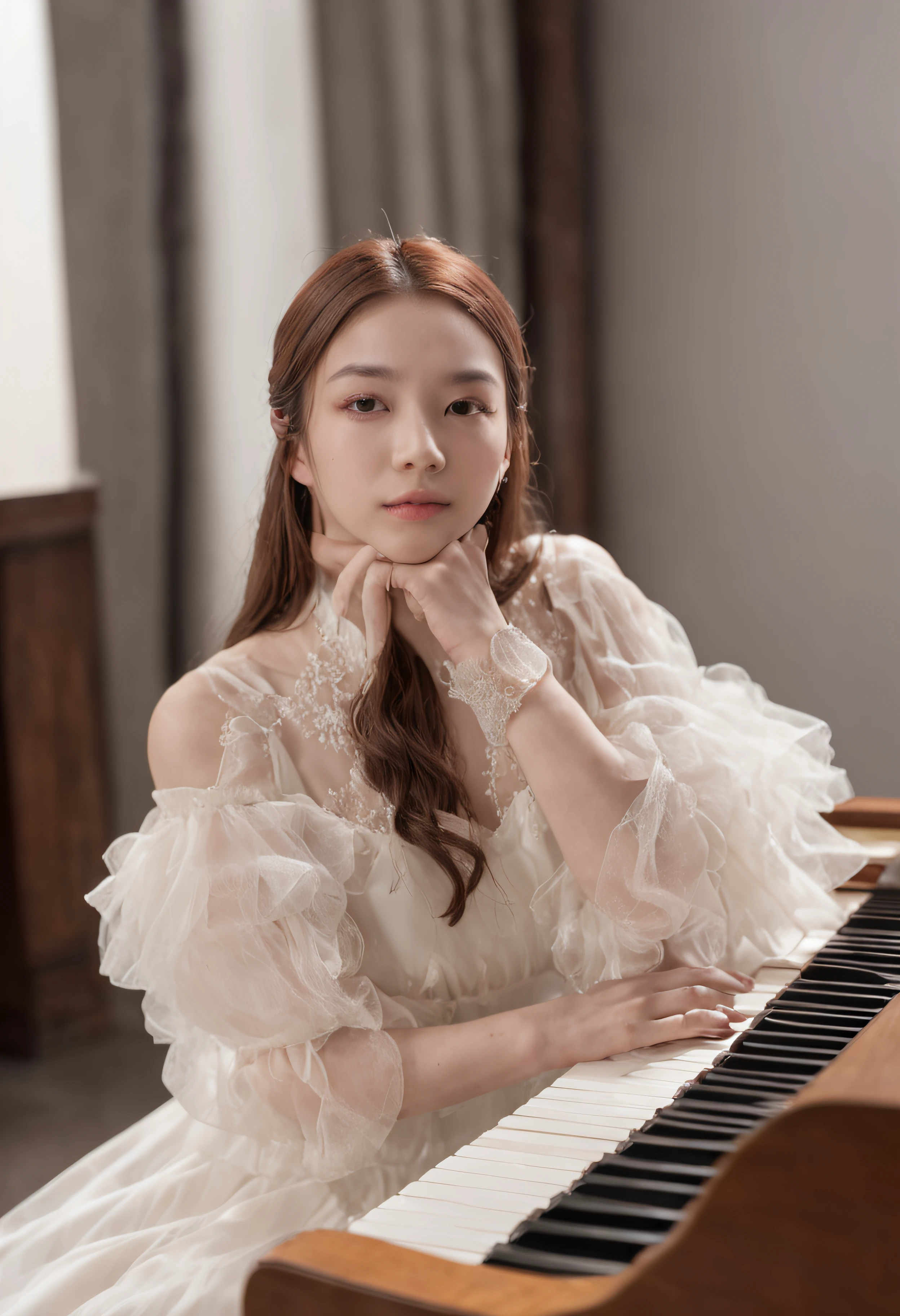 sprout、 girl、Playing the piano、The piano material is particularly clear、Obsessive-compulsive facial expressions、The material is particularly clear and clear, The material of the piano is particularly clear, The piano is illuminated by light and shadow、Portrait shooting。