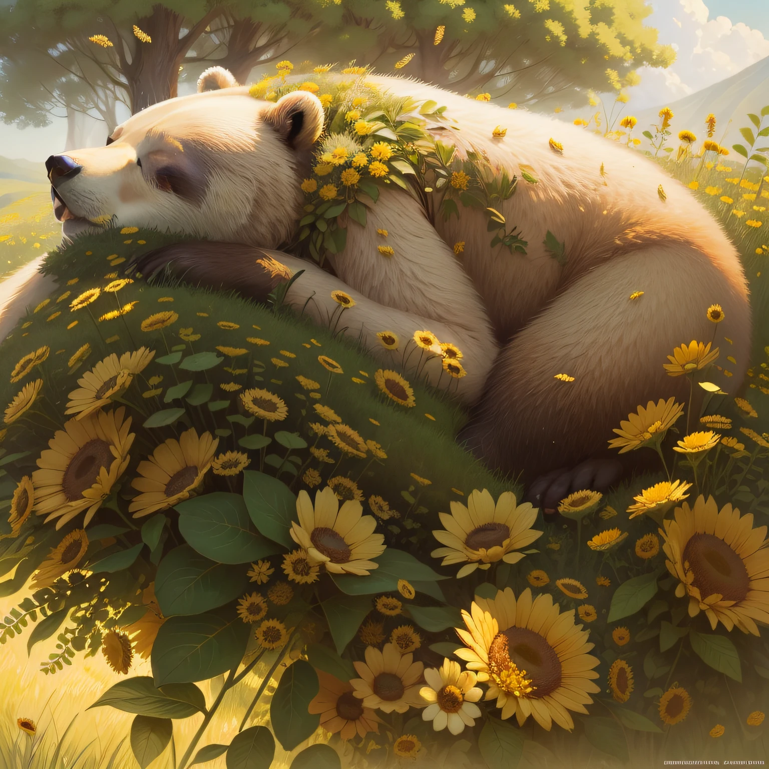 one peaceful bear snoozing on a grassy hill, surrounded by buzzing bees, dreaming of golden honey, rendered in the style of Bev Doolittle, one head, four legs