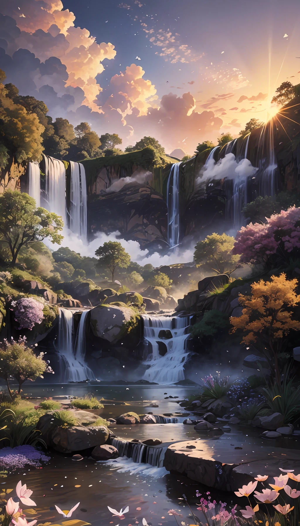 Huge valley，waterfallr，rios， [(White background:1.5)::5], Medium Shot Shot, butterflys,Petals floating in water,steins,Cloud,setting sun,Dusk
