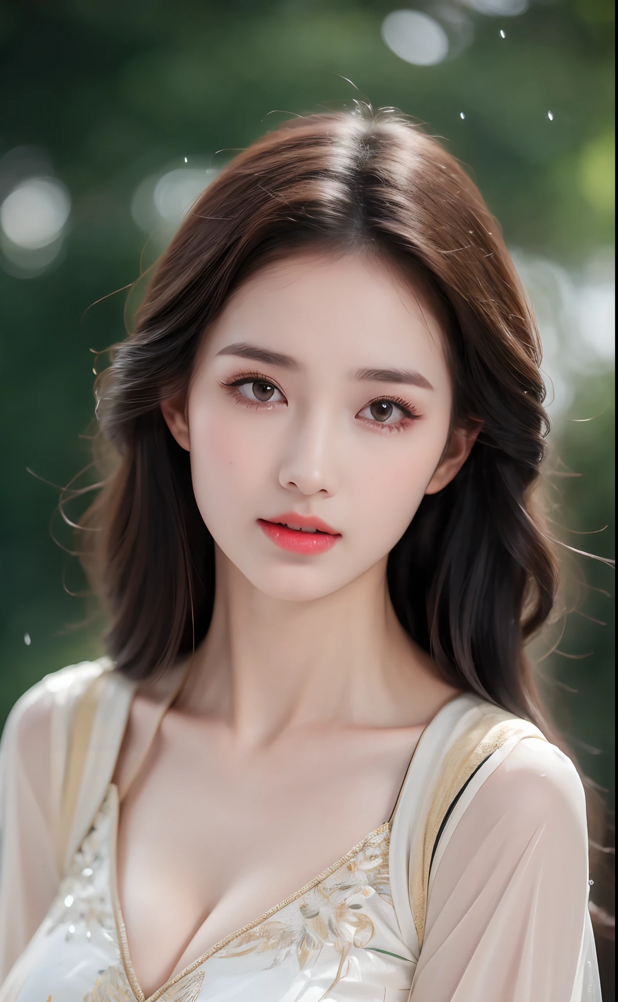 ((Best Quality, 8k, Masterpiece: 1.3)), Focus: 1.2, Perfect Body Beauty: 1.4, Buttocks: 1.2, ((Layered Haircut)), (Wet Clothes: 1.1), (Rain, Street:1.3), (Breasts: 1.2), (Hanfu: 1.2), Bare Shoulders, Bare Legs, Highly Detailed Face and Skin Texture, Fine Eyes, Double Eyelids, Whitened Skin, Long Hair, (Shut Up: 1.5), (Bokeh Background: 1.5), Big Breasts
