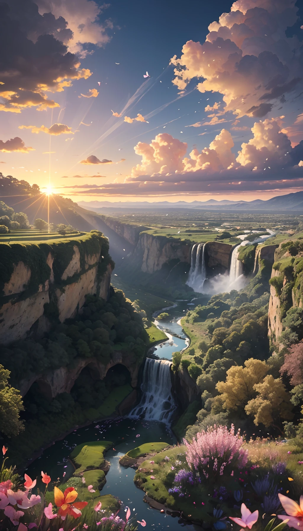 Huge valley，waterfallr，rios， [(White background:1.5)::5], Medium Shot Shot, butterflys,Petals floating in water,steins,Cloud,setting sun,Dusk