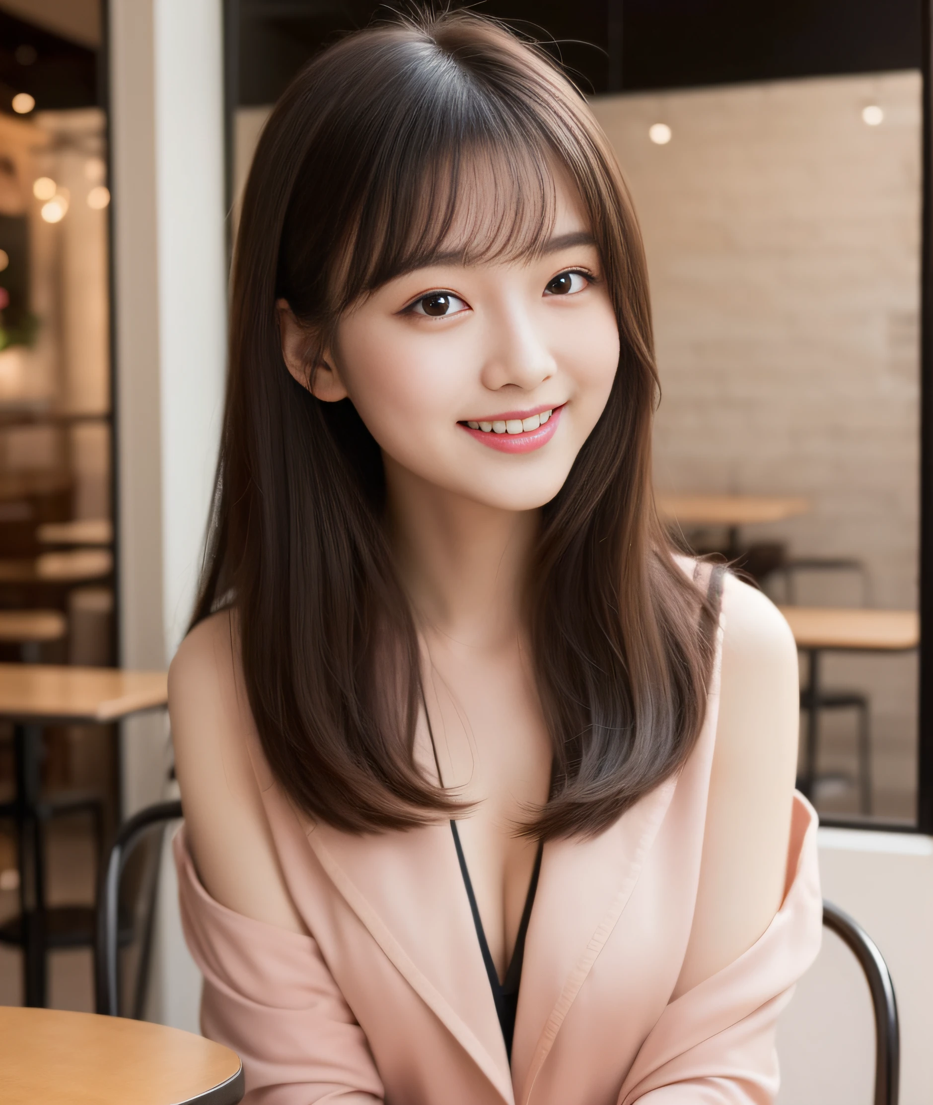 ((best quality, 8K, masterpiece: 1.3)), beautiful girl, pure, melon face, kind and cute, sweet smile, pure desire, slender body, (front), (tilted head), ((looking at camera) ), wearing a pink suit, black silky medium hair, long flowing shoulders, round black big eyes, clear big eyes, moist red lips, sweet, sitting in a cafe, cafe background , (((whole body))),