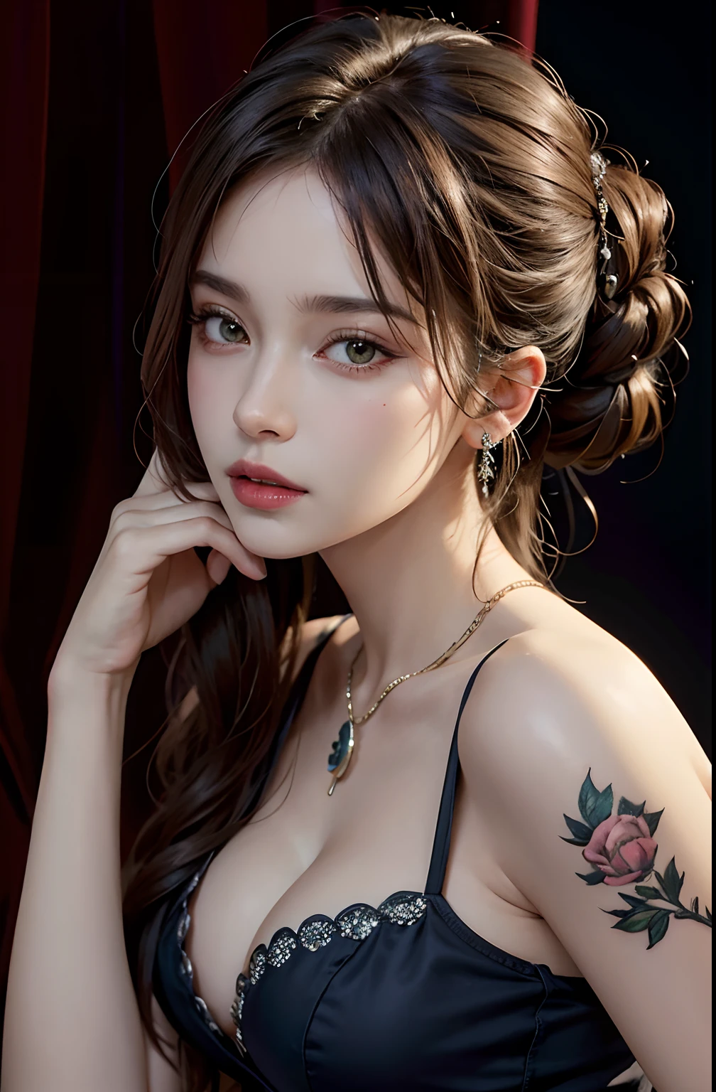 Photorealistic, high resolution, 1womanl, Solo, Hips up, view the viewer, (Detailed face), 1800s fashion style, tattoo, jewelry