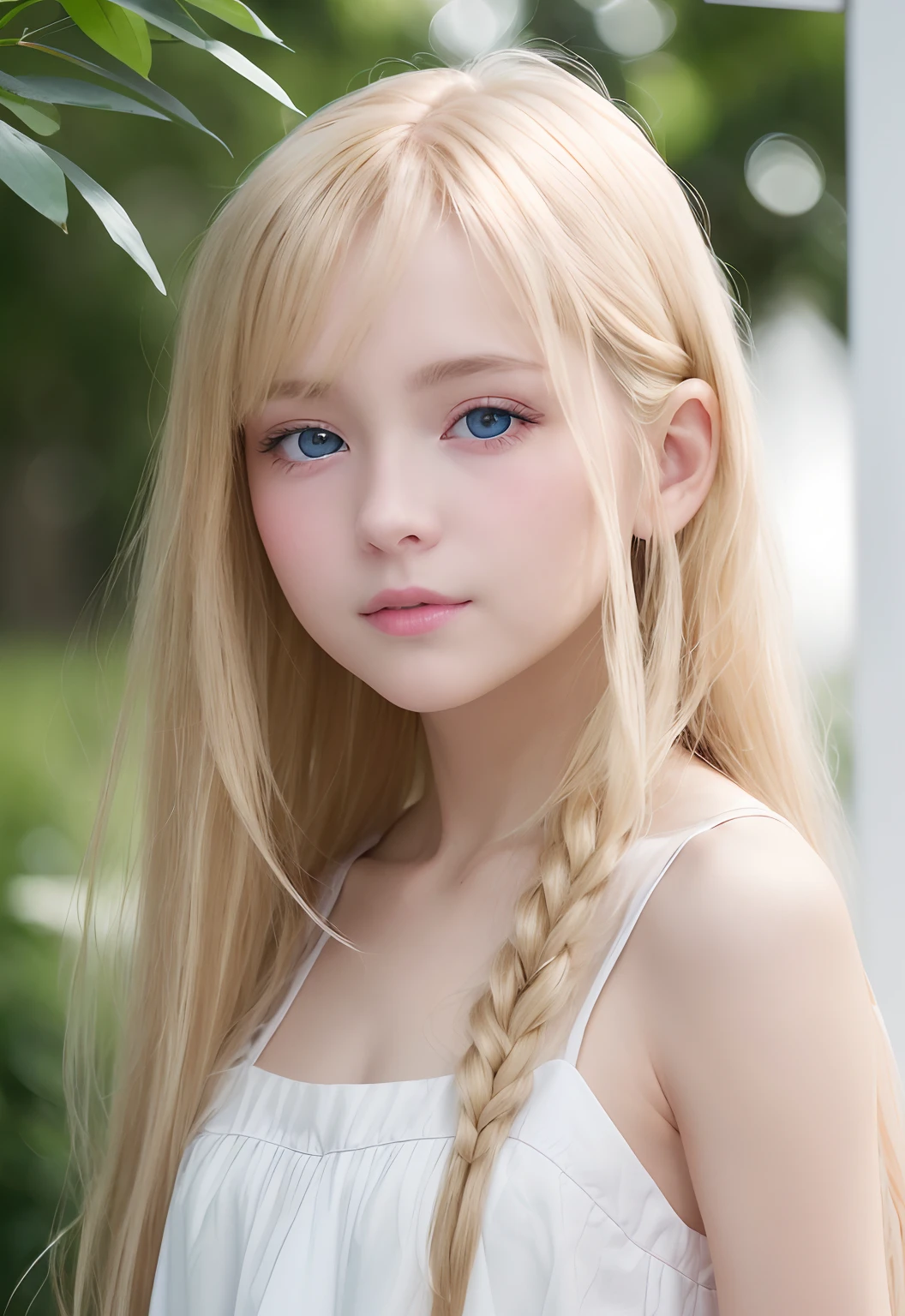 RAW Photography、(((Portrait of extreme beauty)))、((Glowing white skin))、女の子1人、15 years old pretty pretty beautiful girl、((Lustrous light natural blonde hair))、[blue eyess]、silky fine hair、stright long hair、eye liner、bangss、Hair between the eyes、Fluttering hair、a smile、((​masterpiece、top-quality、ultra-detailliert、Film Light、hight resolution、ighly detailed))、细致背景、8k uhd、Digital SLR、Soft Light、hightquality、Shallow depth of field、natural soft light、（perfect hand）、Perfect beautiful face、maid clothes