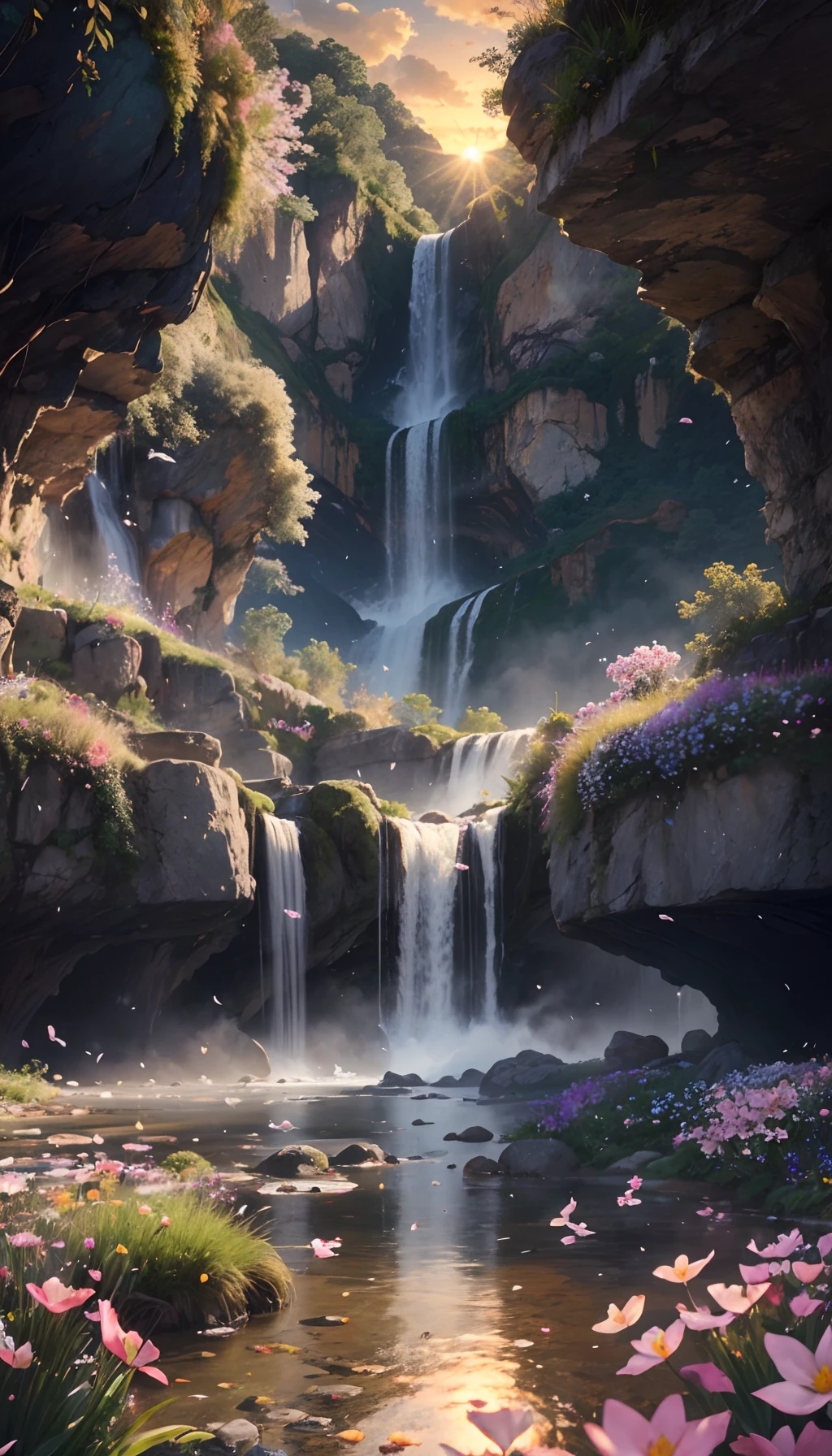 Huge valley，waterfallr，rios， [(White background:1.5)::5], Medium Shot Shot, butterflys,Petals floating in water,steins,Cloud,setting sun,Dusk