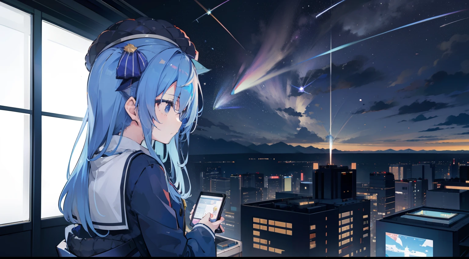 Faraway view、1girl, Hoshimachi Suisei(hololive)、masterpiece、top-quality、A Ray of Shooting Star、nighttime scene、skyscraper、On the roof of a high-rise building、