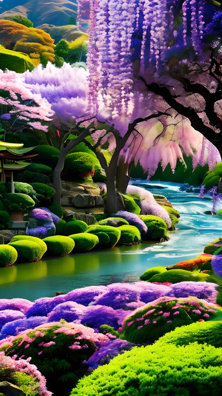 mdjrny-pprct, japanese architecture, Sakura, wisteria, Flower Garden, mountains and rivers, Clouds (high detial: 1.2)、Evening glow