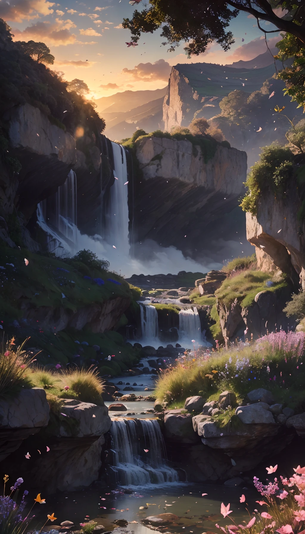 Huge valley，waterfallr，rios， [(White background:1.5)::5], Medium Shot Shot, butterflys,Petals floating in water,steins,Cloud,setting sun,Dusk