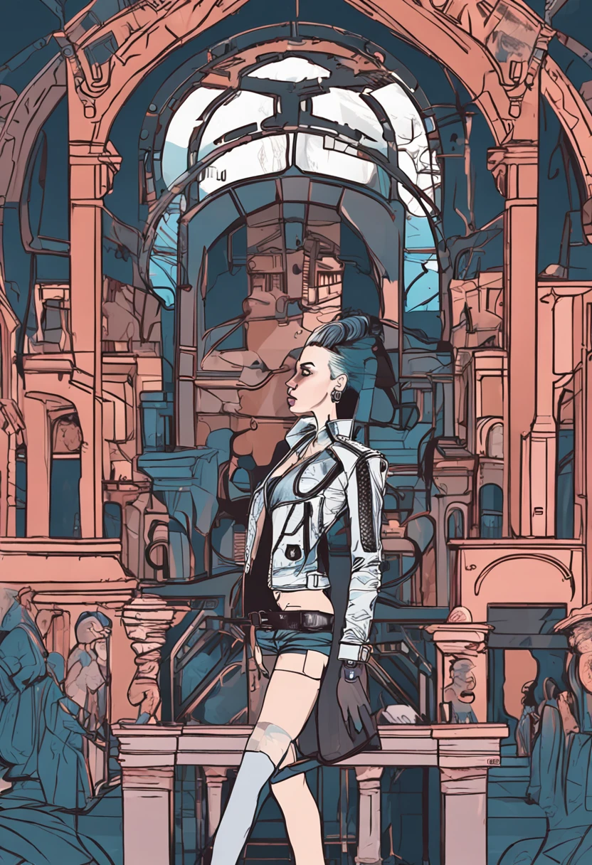 ta prostitute, ssmile, 35 years old, ((best qualtiy)), ((tmasterpiece)), (k hd:1.3), 3D, big breasts beautiful (cyber punk perssonage:1.3), Fashionable woman looking at camera black leather coat,no clothe, embarressed, Translucent blue and black leather pants, Silver zipper, Belt below the waist, super fine illustrations, blond hairbl, showing forehead, silver center zipper, Leather-blue black tights, sleevelesblue blacks, shiny, Golden ponytail