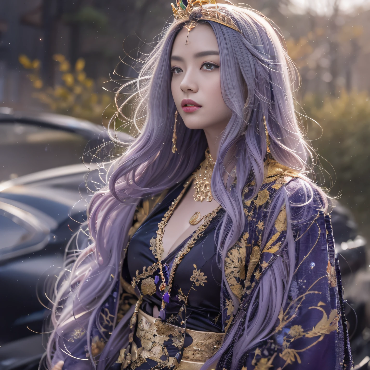 32K（tmasterpiece，k hd，hyper HD，32K）Long flowing yellow-purple hair，Autumn Pond，zydink， a color，  Asian people （Silly girl）， （Silk scarf）， Combat posture， looking at the ground， long whitr hair， Floating yellow-purple， Fire cloud pattern gold tiara， Chinese long-sleeved gold silk garment， （abstract ink splash：1.2）， white backgrounid，Lotus protector（realisticlying：1.4），Yellow-purple hair，Smoke on the road，The background is pure， A high resolution， the detail， RAW photogr， Sharp Re， Nikon D850 Film Stock Photo by Jefferies Lee 4 Kodak Portra 400 Camera F1.6 shots, Rich colors, ultra-realistic vivid textures, Dramatic lighting, Unreal Engine Art Station Trend, cinestir 800，Long flowing yellow-purple hair