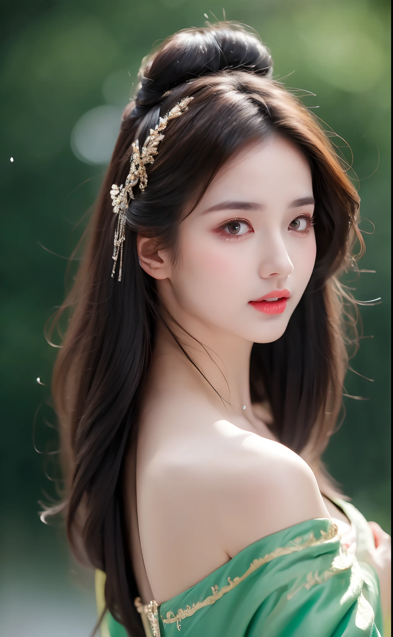 ((Best Quality, 8k, Masterpiece: 1.3)), Focus: 1.2, Perfect Body Beauty: 1.4, Buttocks: 1.2, ((Layered Haircut)), (Wet Clothes: 1.1), (Rain, Street:1.3), (Breasts: 1.2), (Hanfu: 1.2), Bare Shoulders, Bare Legs, Highly Detailed Face and Skin Texture, Fine Eyes, Double Eyelids, Whitened Skin, Long Hair, (Shut Up: 1.5), (Bokeh Background: 1.5), Big Breasts