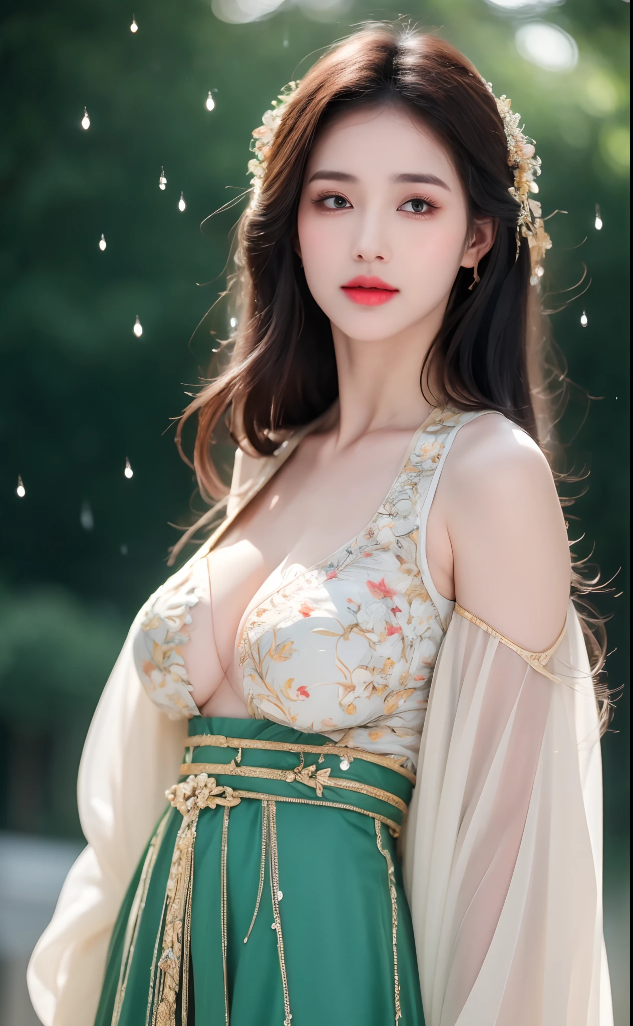 ((Best Quality, 8k, Masterpiece: 1.3)), Focus: 1.2, Perfect Body Beauty: 1.4, Buttocks: 1.2, ((Layered Haircut)), (Wet Clothes: 1.1), (Rain, Street:1.3), (Breasts: 1.2), (Hanfu: 1.2), Bare Shoulders, Bare Legs, Highly Detailed Face and Skin Texture, Fine Eyes, Double Eyelids, Whitened Skin, Long Hair, (Shut Up: 1.5), (Bokeh Background: 1.5), Big Breasts