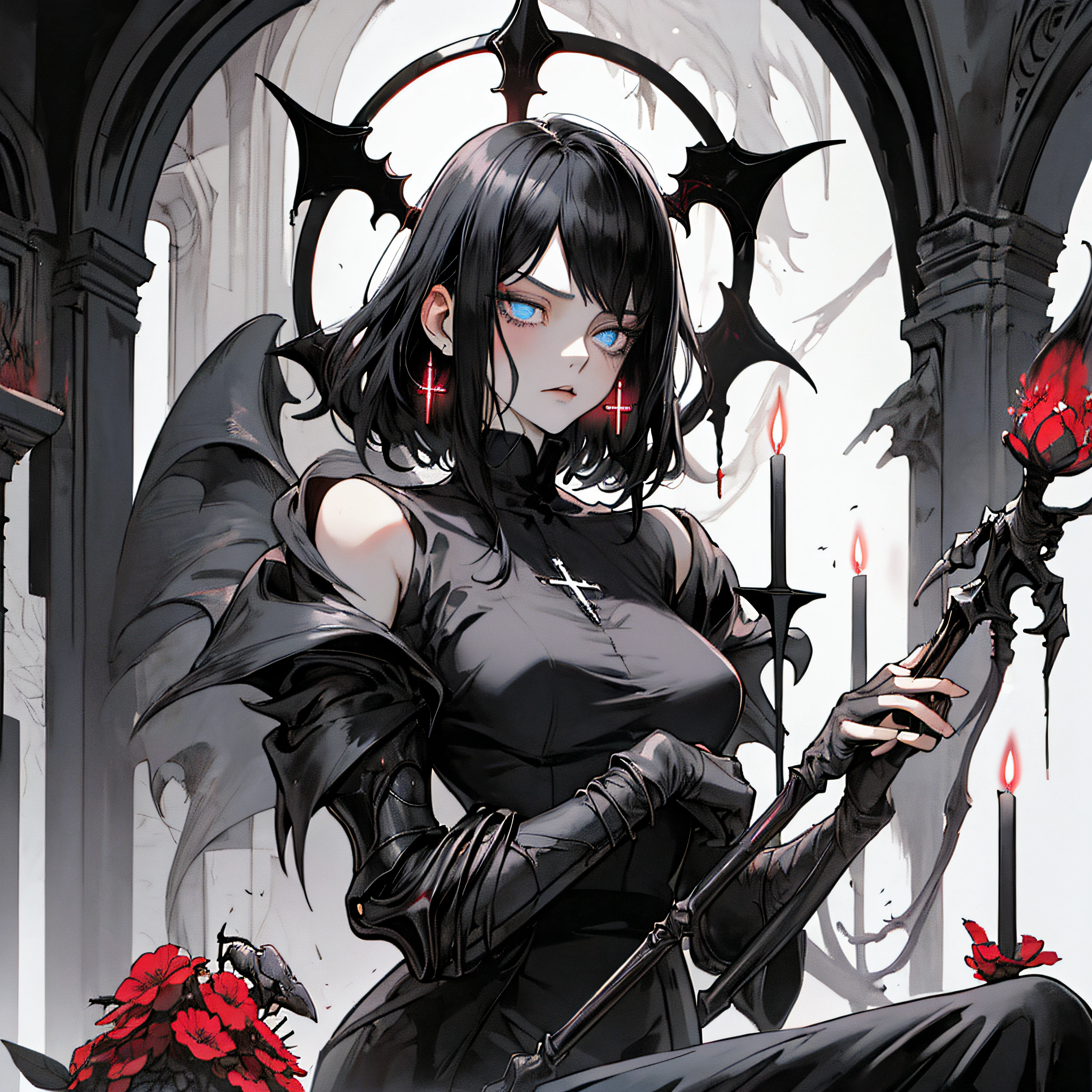 (masterpiece, best quality), 1lady, solo, (gothic), dream catcher, vampire, short black hair, loose waves, blue eyes, ,cute, (hg giger, art by hermann nitsch, beksinski, dariusz zawadzki, giger, Zdzislaw Beksinski), bed, candles, cross, skinny body, moon light, black shirt, night, smoke
