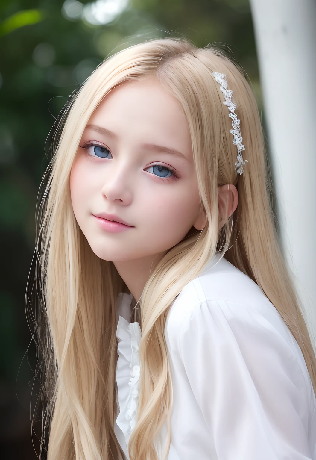 RAW Photography、(((Portrait of extreme beauty)))、((Glowing white skin))、1人、15 etty pretty beautiful girl、((Lustrous light natural blonde hair))、[blue eyess]、silky fine hair、stright long hair、eye liner、bangss、Hair between the eyes、Fluttering hair、a smile、((​masterpiece、top-quality、ultra-detailliert、Film Light、hight resolution、ighly detailed))、细致背景、8k uhd、Digital SLR、Soft Light、hightquality、Shallow depth of field、natural soft light、（perfect hand）、Perfect beautiful face、maid clothes
