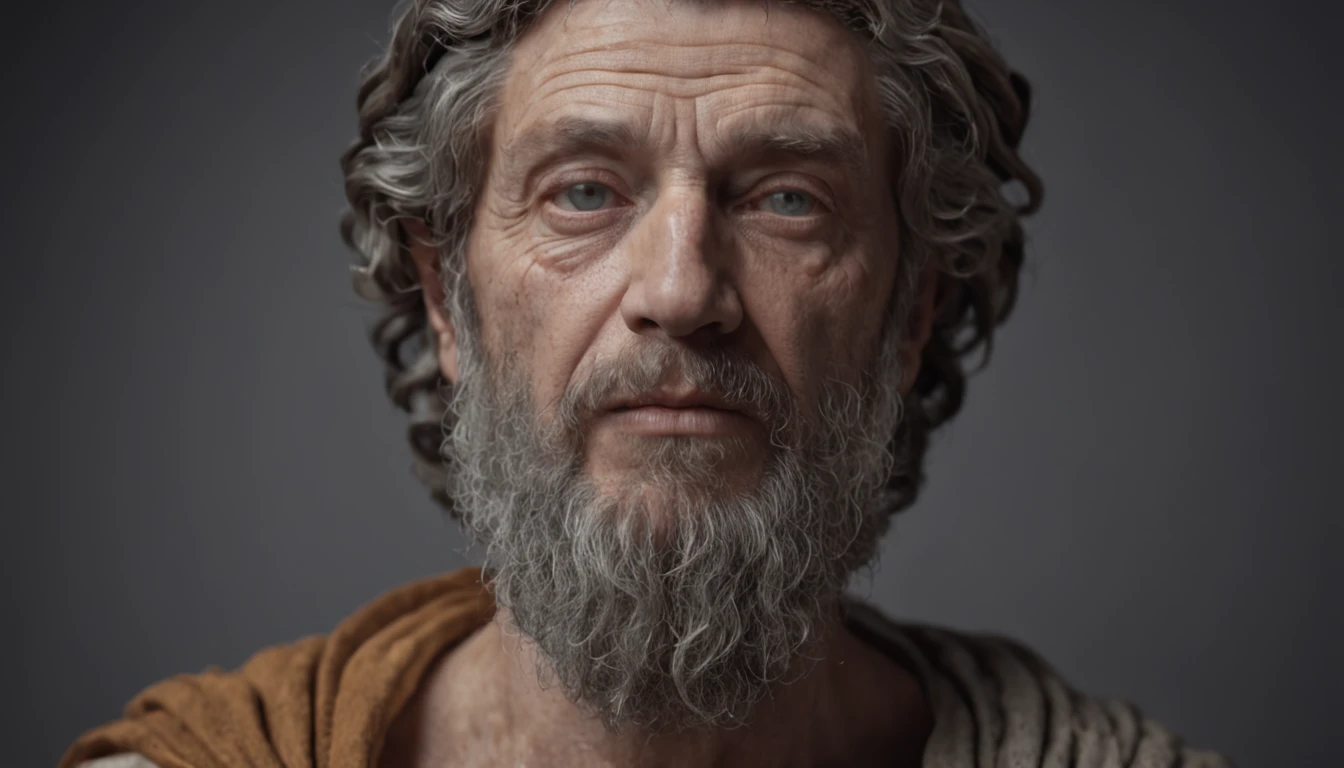 greek statue of philosophy marcus aurelius, with beard and muscles, cinematic, 8k, dark background, detailed symmetrical realistic face, extremely detailed natural texture, peach fuzz, short hair, masterpiece, absurdities, award-winning photo by lee jeffries, nikon film stock d850 photography, camera kodak portra 400 f1.6 lens, extremely detailed, amazing, fine details, rich colors, realistic hyper realistic texture, dramatic lighting, unrealengine, trending on artstation, cinestill 800 tungsten, looking at viewer, realistic photo, photo RAW , TanvirTamim, high quality, high resolution, sharp focus, extremely detailed, cinematic lighting, 8k uhd,