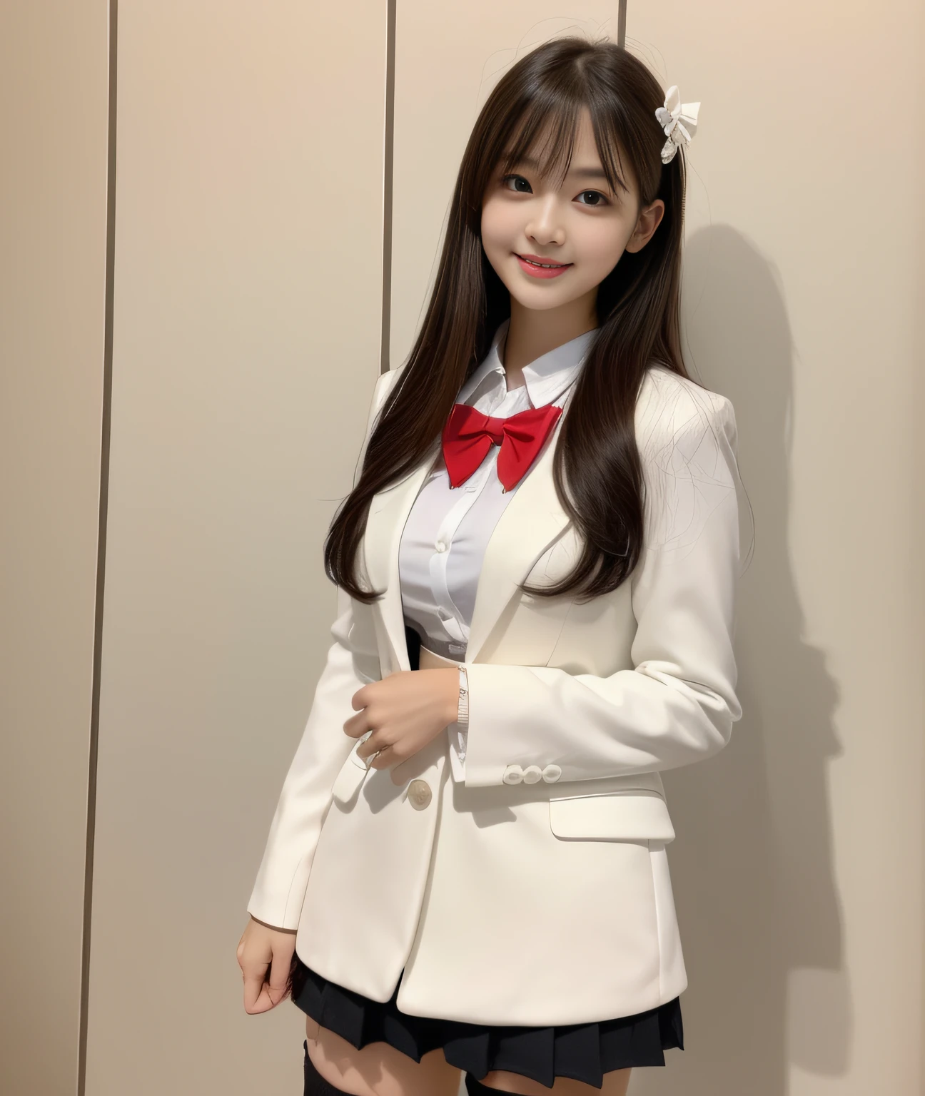((Best Quality, 8K, Masterpiece: 1.3)), a beauti, In addition, melon face, Friendly and cute, sweet smile, Pure desire, Slender body, (s whole body), (tilted head), ((looking at camera)), Medium Black Silky Straight Hair, Long flowing shoulders, round black big eyes, clear big eyes, moist red lips, Cafe shop background, ((full body shooting)), (White Blazer, bows, Sneakers, Black stockings, High School Uniform: 1.2, ), (Big breasts), (full body shots)