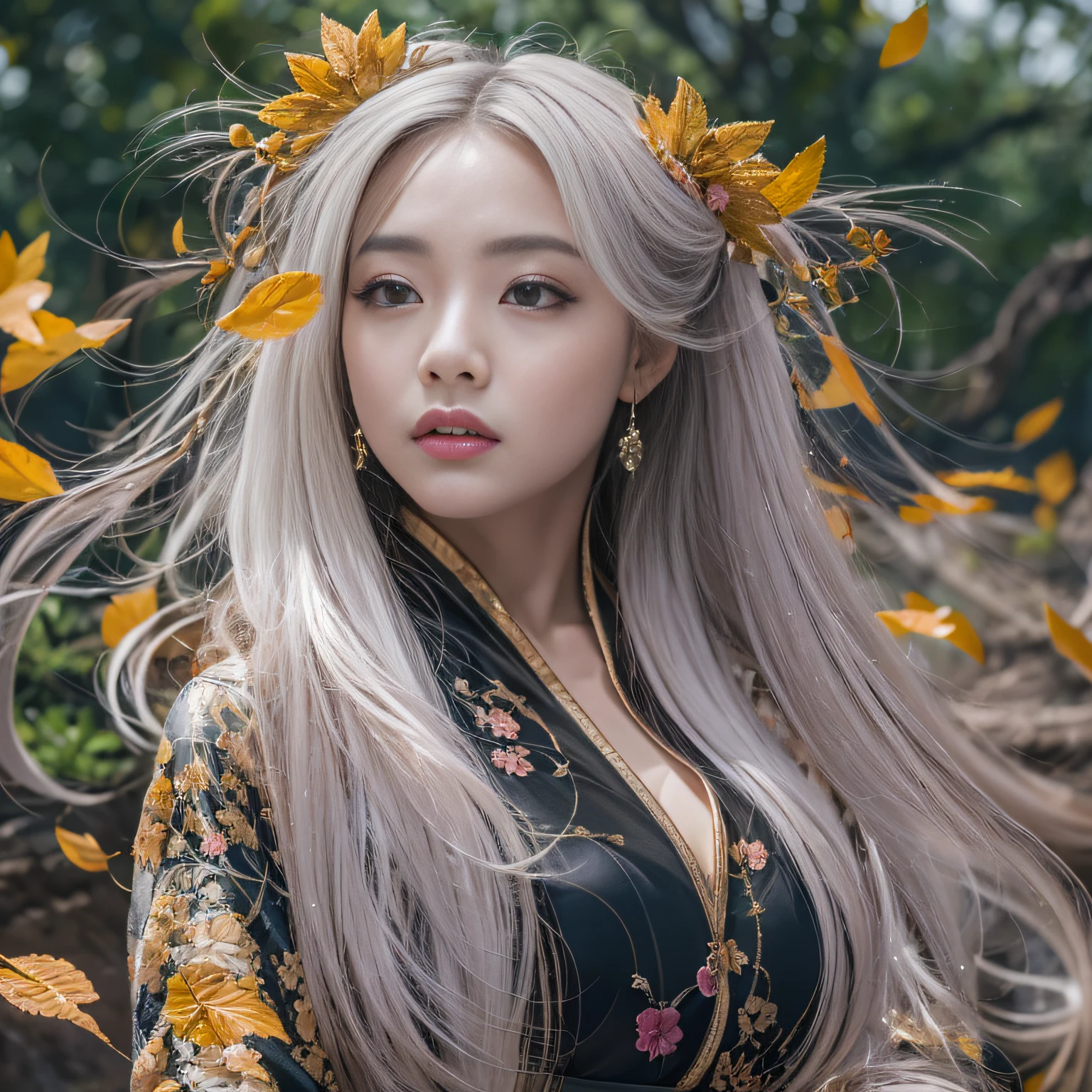 32K（tmasterpiece，k hd，hyper HD，32K）Long flowing black hair，ponds，zydink， a color，  Asian people （Silly girl）， （Silk scarf）， Combat posture， looking at the ground， long whitr hair， Floating hair， Carp pattern headdress， Chinese bright orange long-sleeved outfit， （abstract ink splash：1.2）， Pink petal background，Pink and white roses fly（realisticlying：1.4），Black color hair，Fallen leaves flutter，The background is pure， A high resolution， the detail， RAW photogr， Sharp Re， Nikon D850 Film Stock Photo by Jefferies Lee 4 Kodak Portra 400 Camera F1.6 shots, Rich colors, ultra-realistic vivid textures, Dramatic lighting, Unreal Engine Art Station Trend, cinestir 800，Long flowing black hair