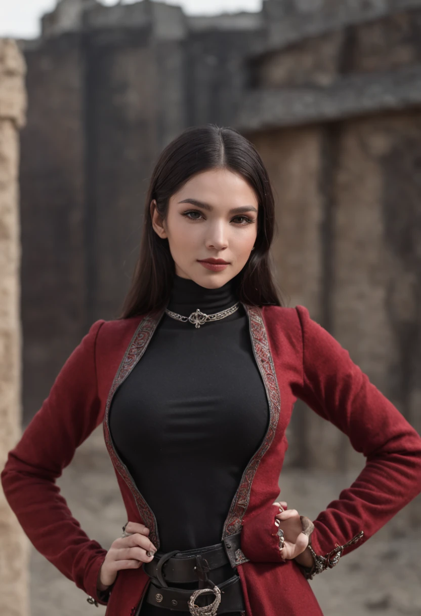 emilisia gomezi, tall, gorgeous, spanish descent, age 23, smooth skin, black hair. red color turtle neck, black fitting pants, smiling, simple silver cross necklace, working at the underground base, highly detailed, well lit, 8k, reviewing artifacts, holding a long whip. amazing detail,