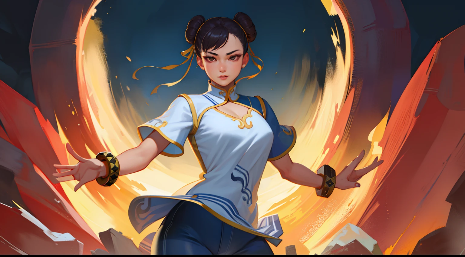 (masterpiece, best quality, high resolution), (illustration:1.0), extremely detailed face, perfect lighting, (perfect hands,perfect anatomy), (1girl, solo:1.5), glowing skin and perfect symmetrical pretty face ,cowboy shot,  chunlims,  hair bun, double bun, chinese clothes, solo, dress, bracelet, ribbon, pants, blue pants, makeup,  short sleeves, wide hips, thick thighs,