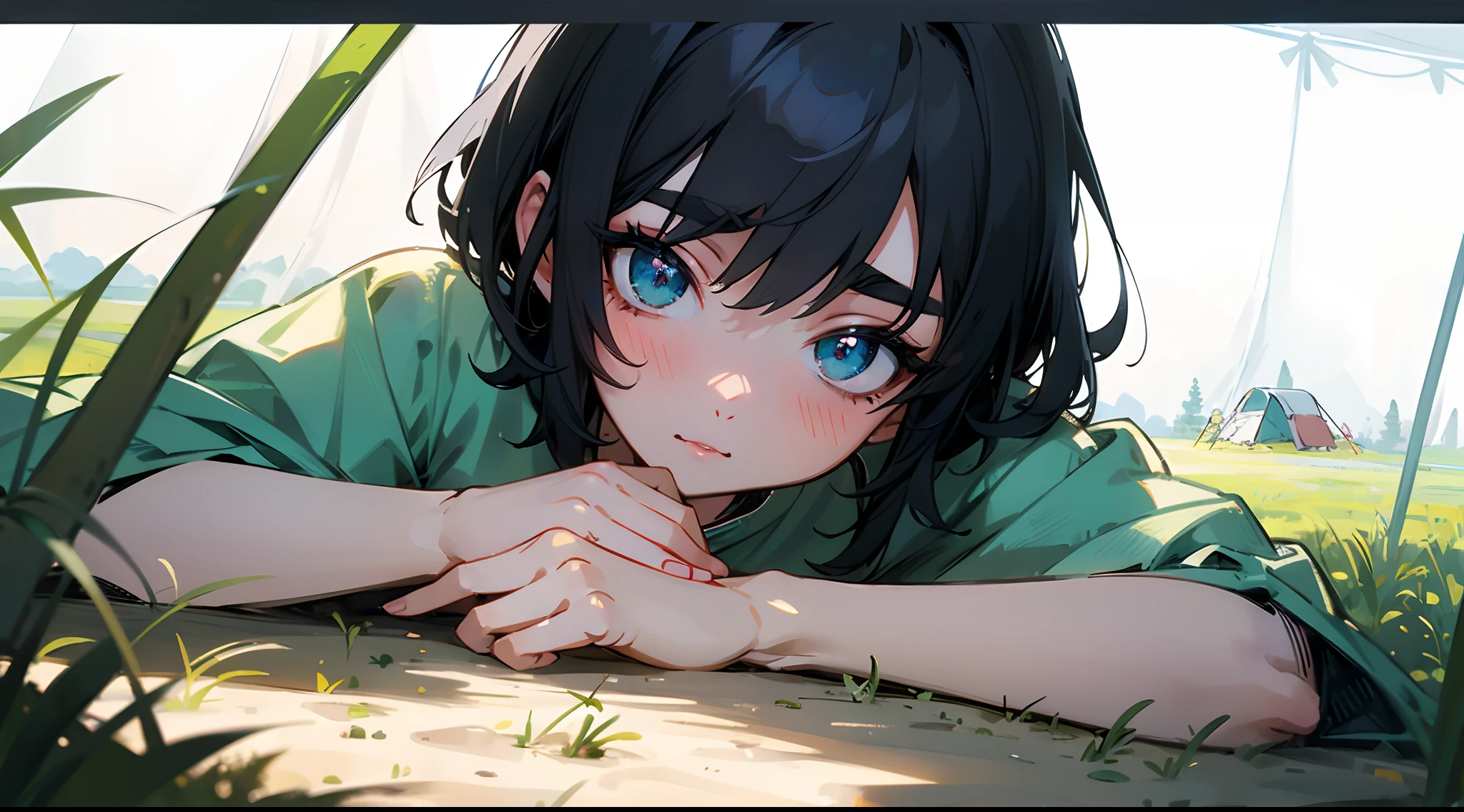 Original Characters、Wide angle shot、Volume Lighting、Best Shadows、Shallow depth of field、Portrait of an amazingly beautiful girl、Delicate beautiful attractive face with petite and seductive eyes、Girl camping with tent in field、Sharp Eyebrows、Black Hair Shortcut Hair、Blush Eyeshadow、Shining eyes、Dark eyelashes、Rough look、Slim waist、(top-quality、Superb Detail:1.25)、(独奏:1.3)、Brilliant Colorful Paintings