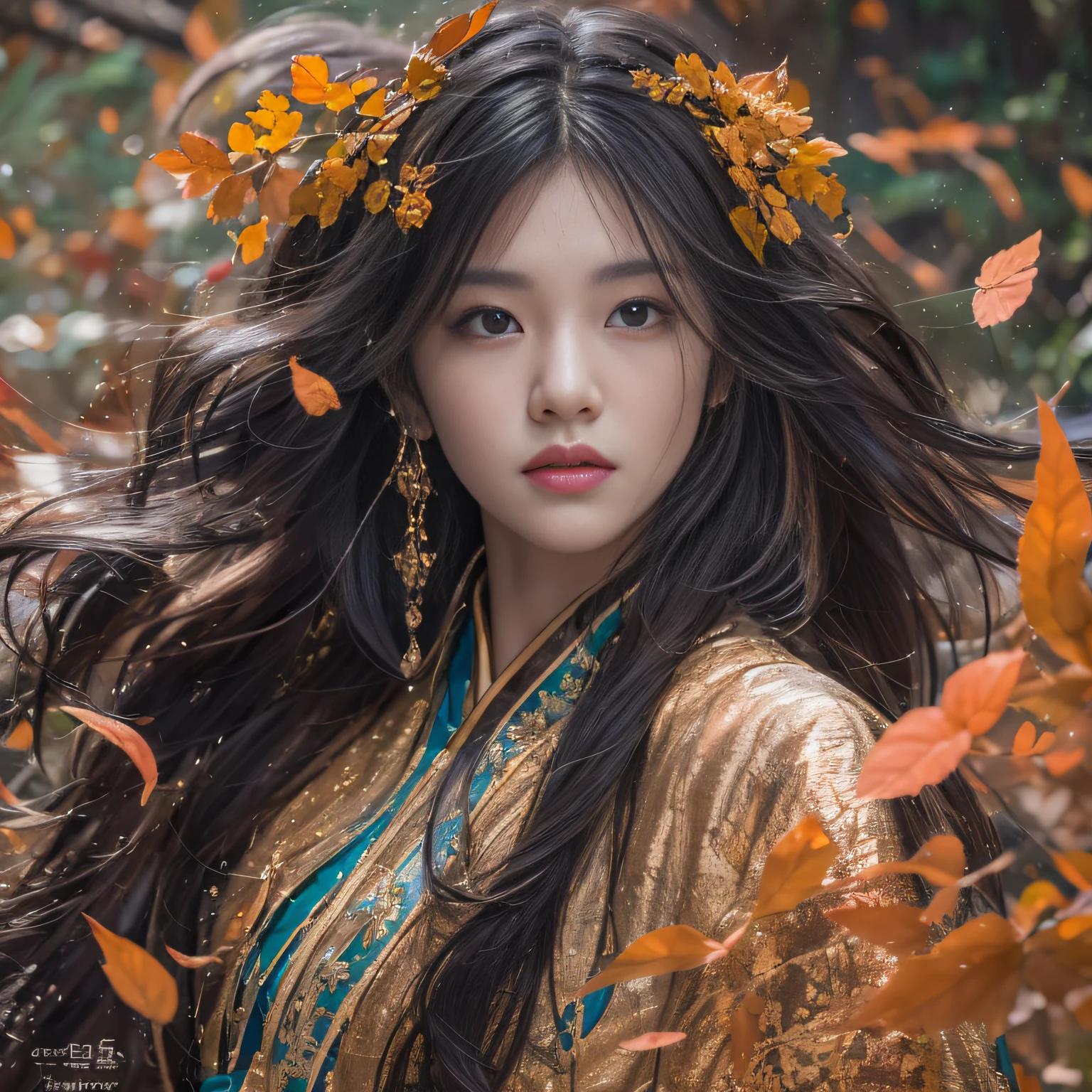 32K(tmasterpiece,k hd,hyper HD,32K)Long flowing black hair,ponds,zydink, a color, Asian people (Silly girl), (Silk scarf), Combat posture, looking at the ground, long whitr hair, Floating hair, Carp pattern headdress, Chinese bright orange long-sleeved outfit, (abstract ink splash:1.2), Pink petal background,Pink and white roses fly(realisticlying:1.4),Black color hair,Fallen leaves flutter,The background is pure, A high resolution, the detail, RAW photogr, Sharp Re, Nikon D850 Film Stock Photo by Jefferies Lee 4 Kodak Portra 400 Camera F1.6 shots, Rich colors, ultra-realistic vivid textures, Dramatic lighting, Unreal Engine Art Station Trend, cinestir 800,Long flowing black hair