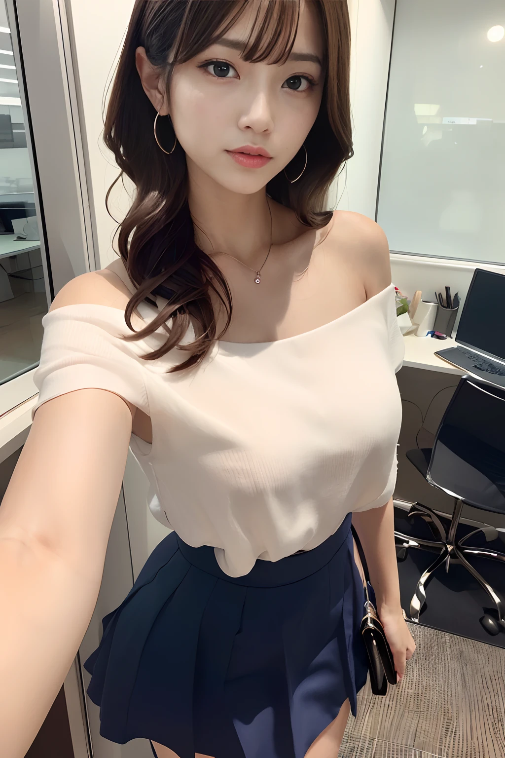(masutepiece:1.3), High resolution, ultra-detailliert, the Extremely Detailed CG Unity 8K Wallpapers, Realistic, Photorealsitic, Raw photo, beautifull detailed face, pale skin, realistic glistening skin, Detailed Cloth Texture, detailed hair texture, Perfect body, Beautiful face, acurate, Anatomically correct, Highly detailed face and skin texture, Natural neck length, (Beautiful hands), (Fair skin:1.2), thin legs, Thin feet, 
BREAK, 
Detailed eyes, symmetrical eye, Light brown eyes, Double eyelids, Thin eyebrows, (Glossy lips:1.4), ((Waiting for a kiss:1.2)), (blush:1.1),
BREAK, 
(Classy and cute girl:1.3), (Wearing a classy off-shoulder white blouse), (Orange flared skirt:1.2), 
medium breasts, (Slender figure:1.1), Firm abs, Beautiful collarbone, 
(Dark blonde hair, Wavy Hair, Long hair:1.3), ((asymmetrical bangs:1.2)), (upperbody shot:1.2), Looking at Viewer, (From  above:0.65),
BREAK, 
((Stand close to me and reach out in front:1.3)), (She said I would wait in front of the station at 10 o'clock), 
(In a private working space), ((In a modern office in Japan)),